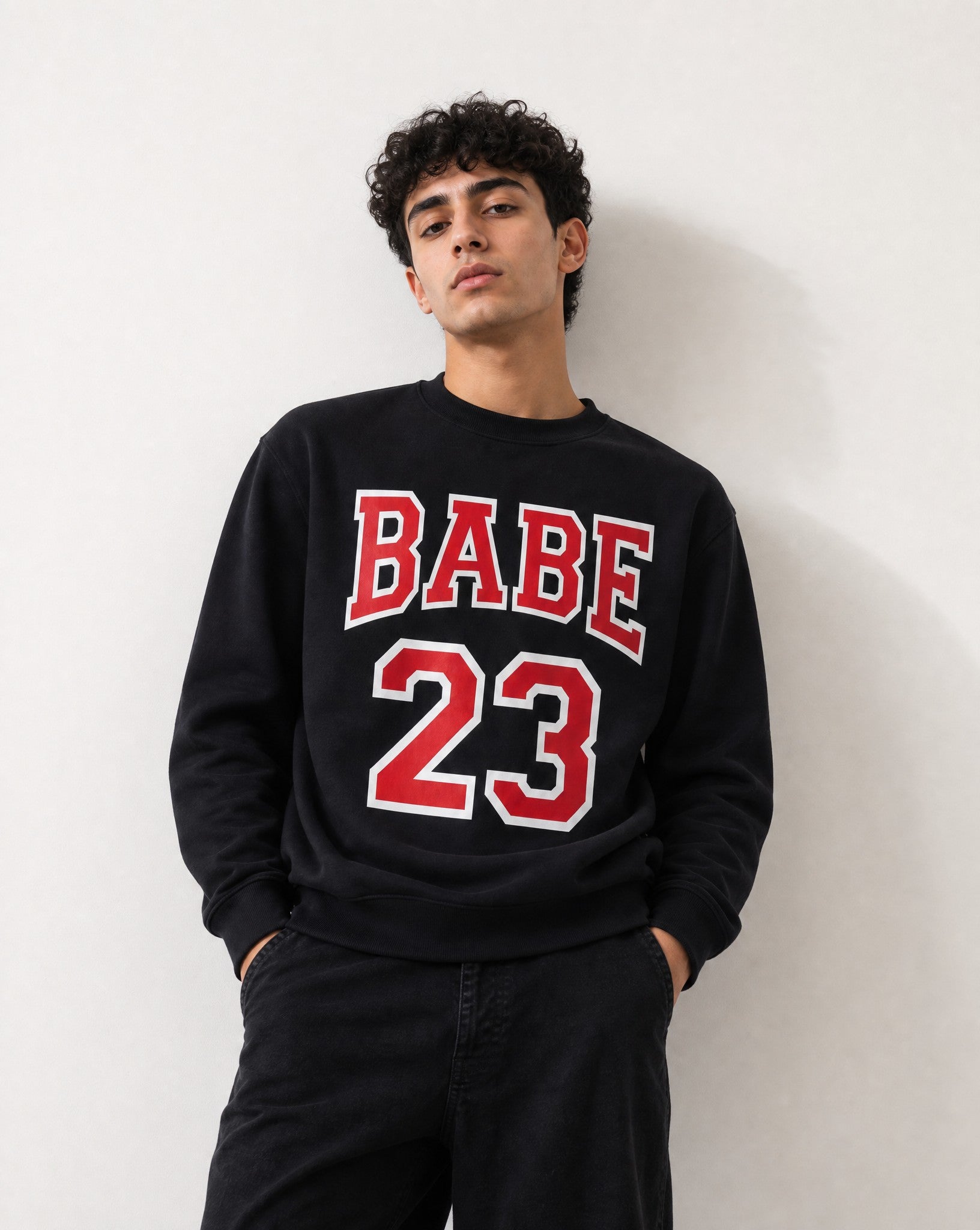 Babe 23 Crewneck in Black - Editorial Image