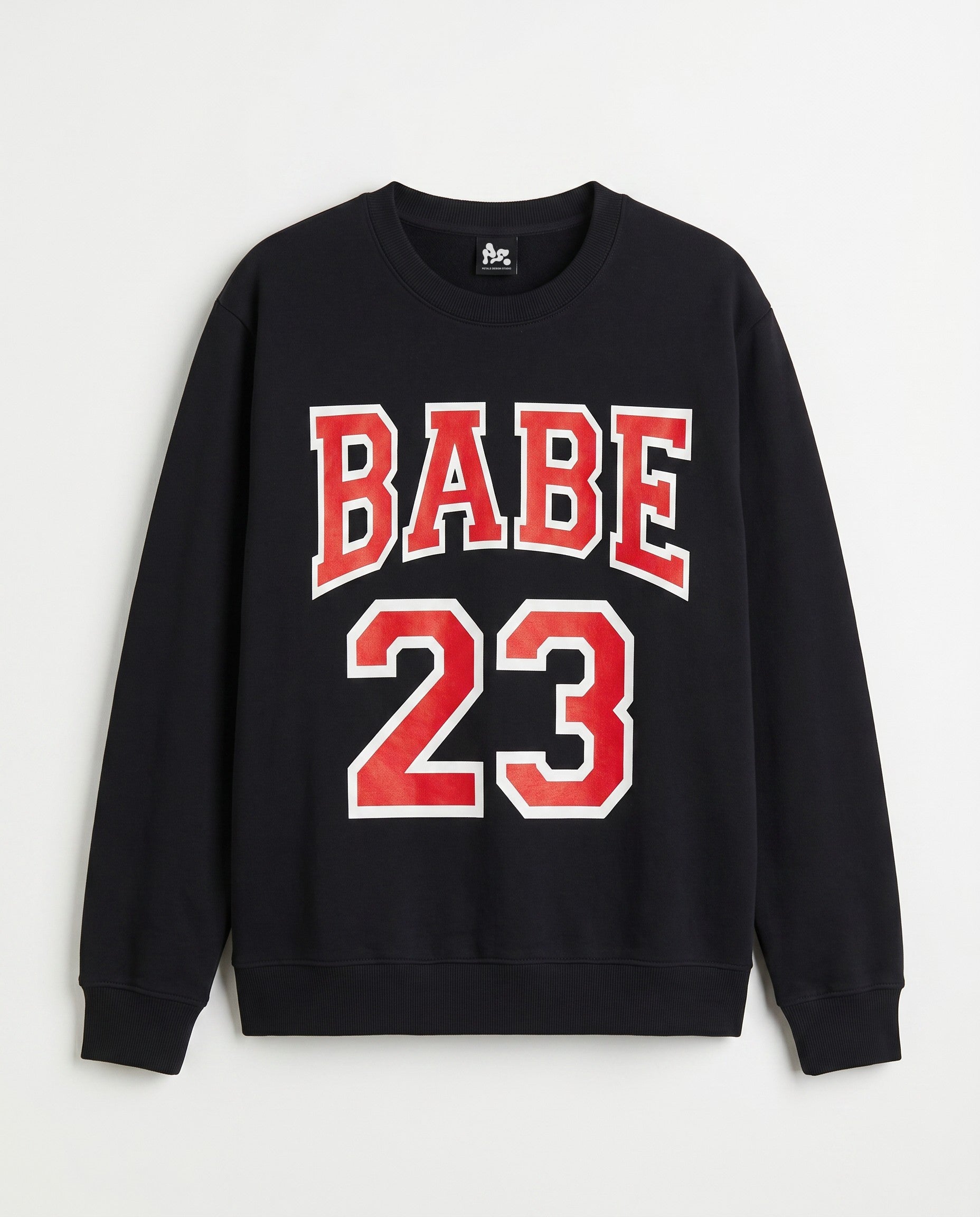 Babe 23 Crewneck in Black - White Wall Image