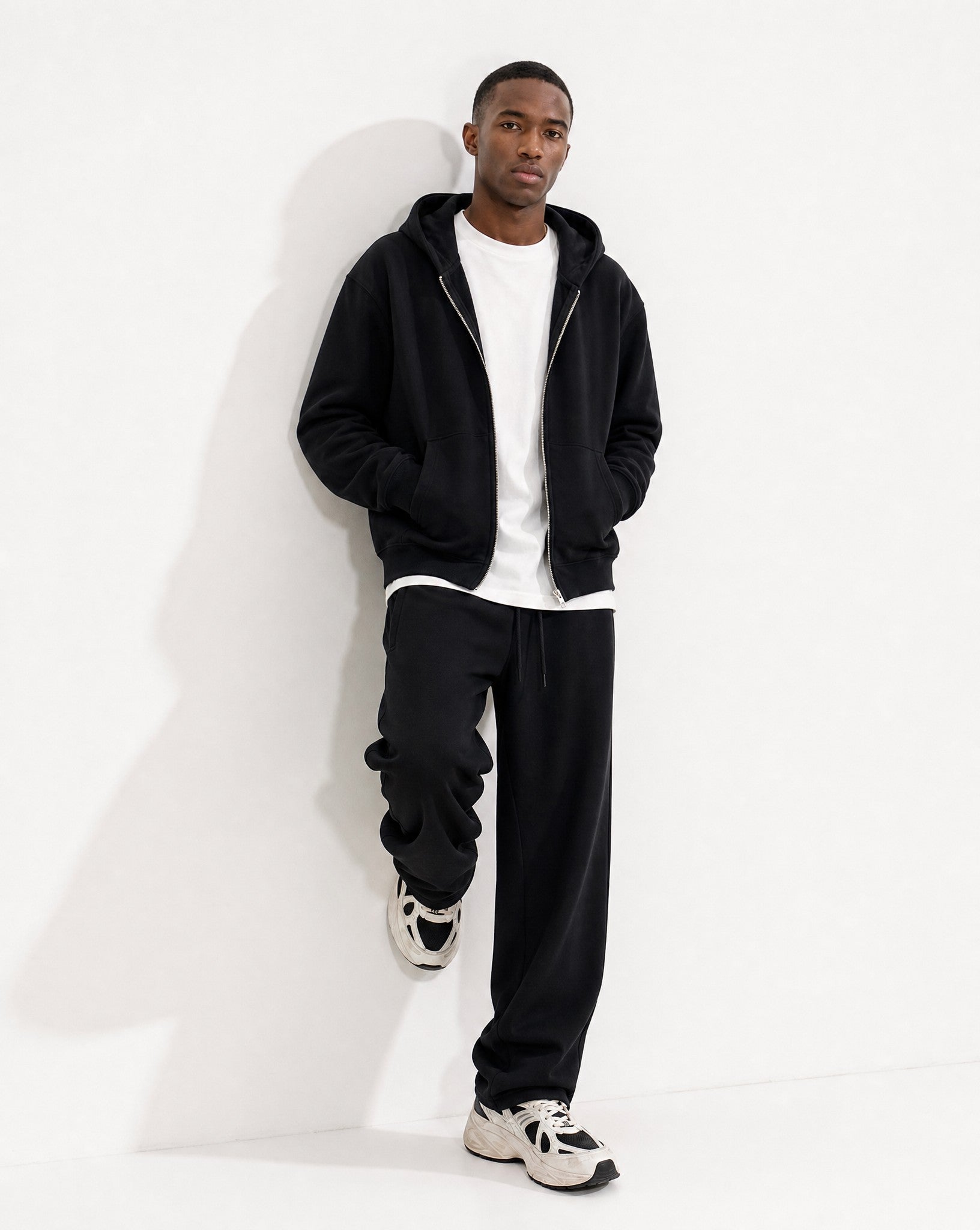 CORE 380 GSM Box Zip Hoodie in Black - Editorial Image