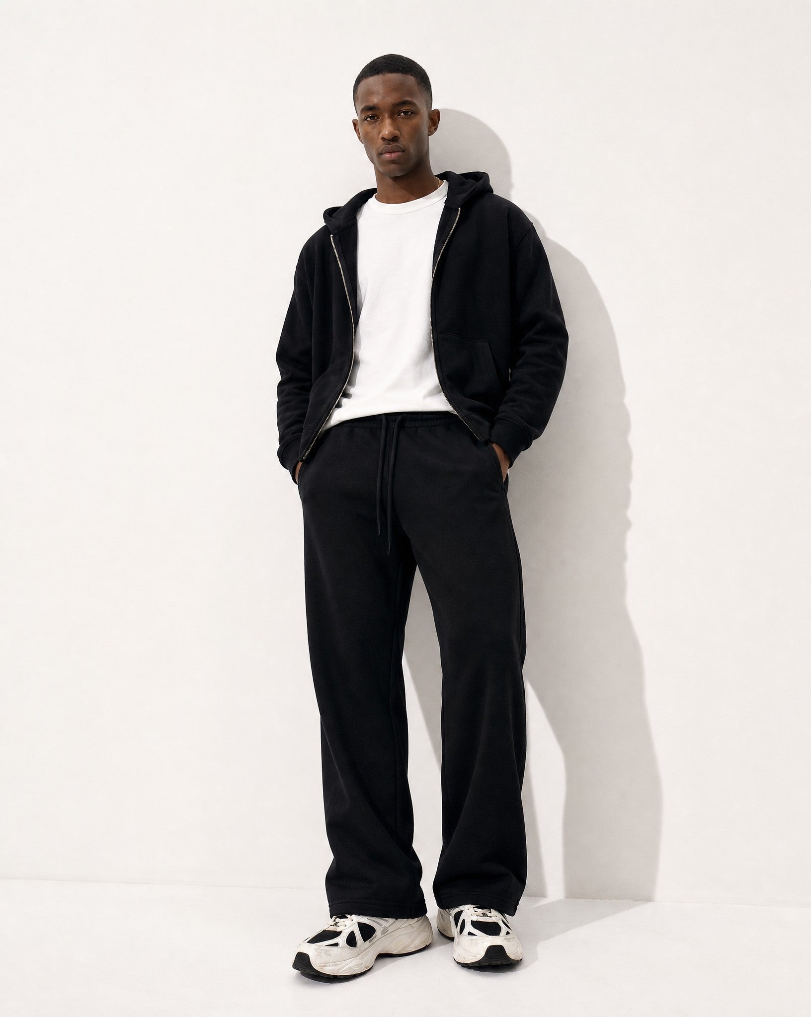 CORE 380 GSM Box Zip Hoodie in Black - Editorial Image