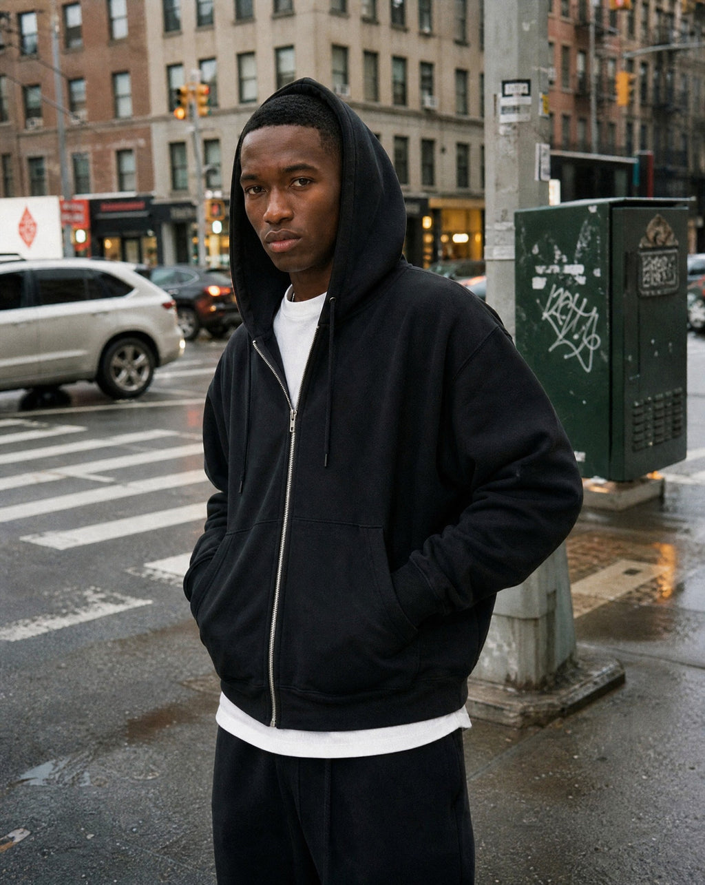 CORE 380 GSM Box Zip Hoodie in Black - Lifestyle Image