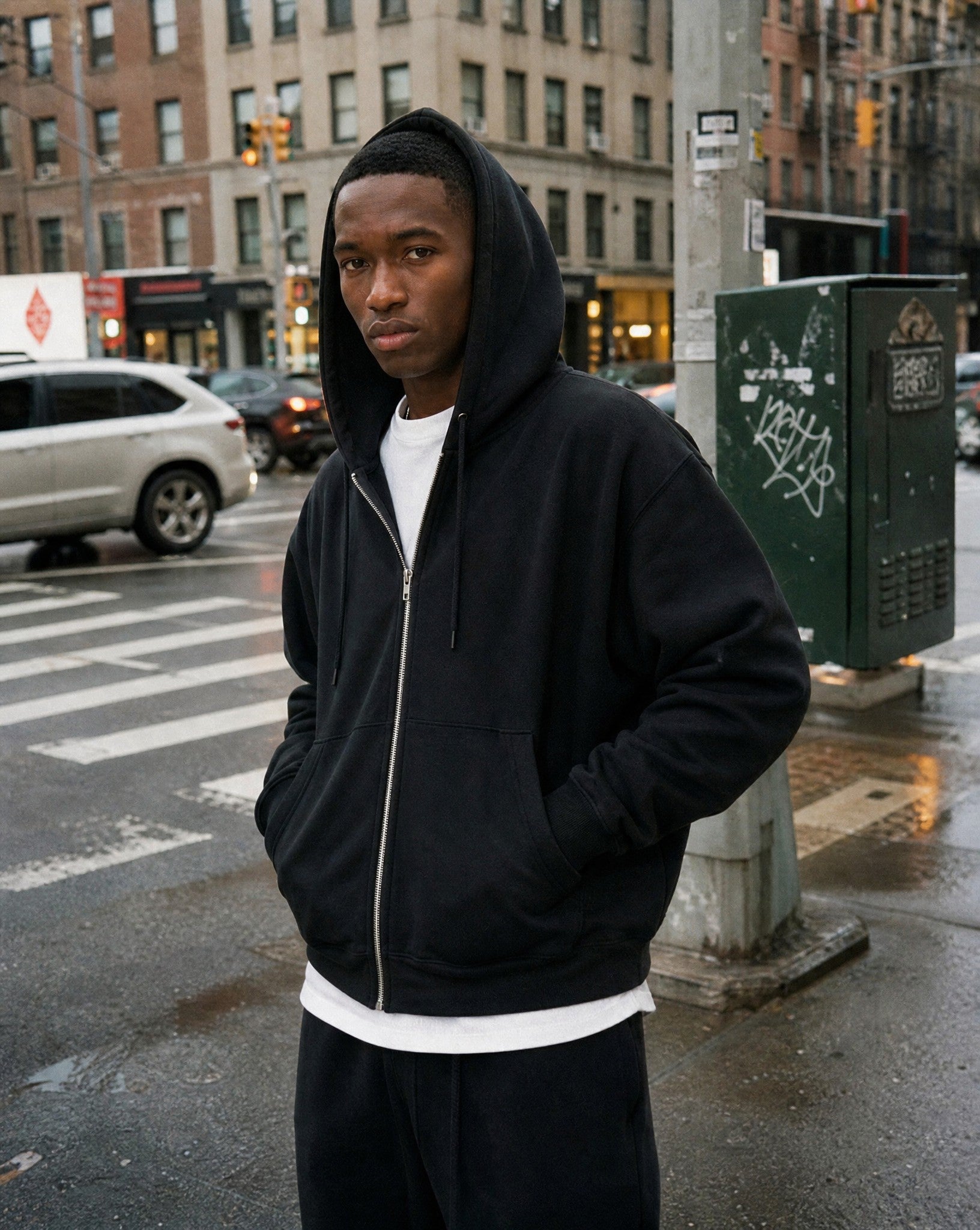 CORE 380 GSM Box Zip Hoodie in Black - Lifestyle Image