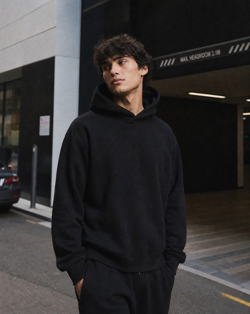 CORE Enzyme Treated Box Hoodie in Black - Lifestyle Image