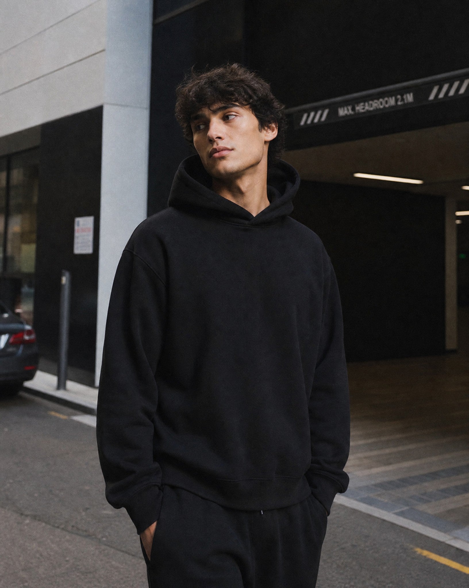 CORE Enzyme Treated Box Hoodie in Black - Lifestyle Image