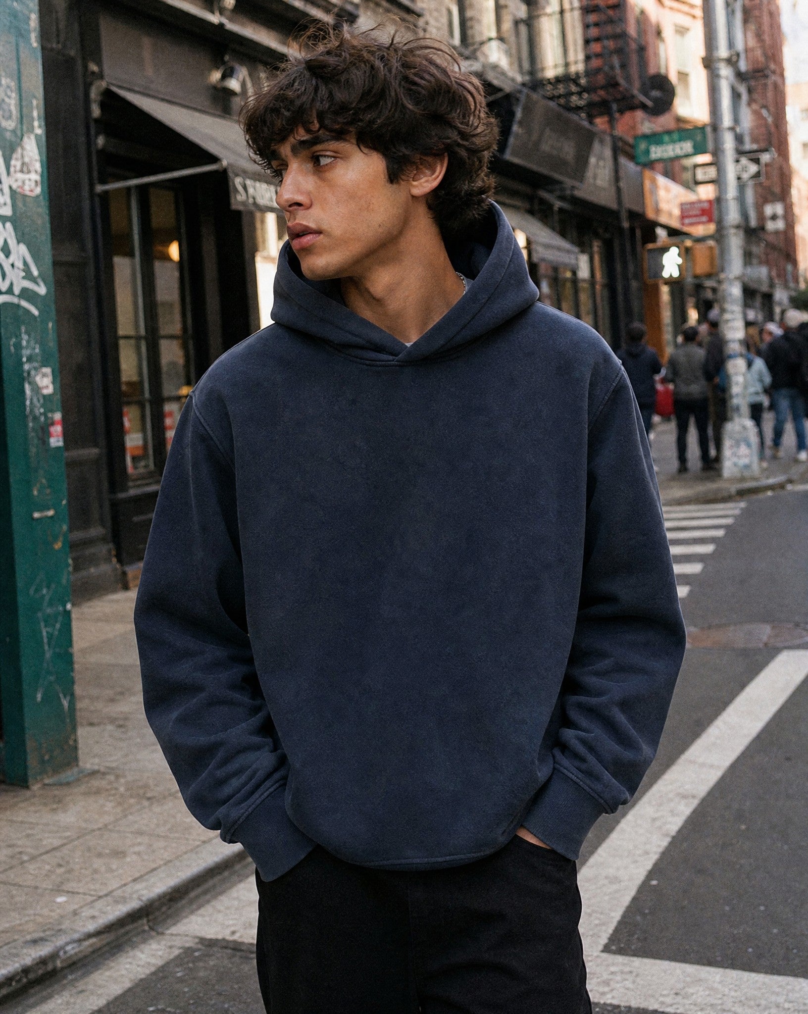 CORE Vintage Washed Box Hoodie in Navy - Lifestyle Image