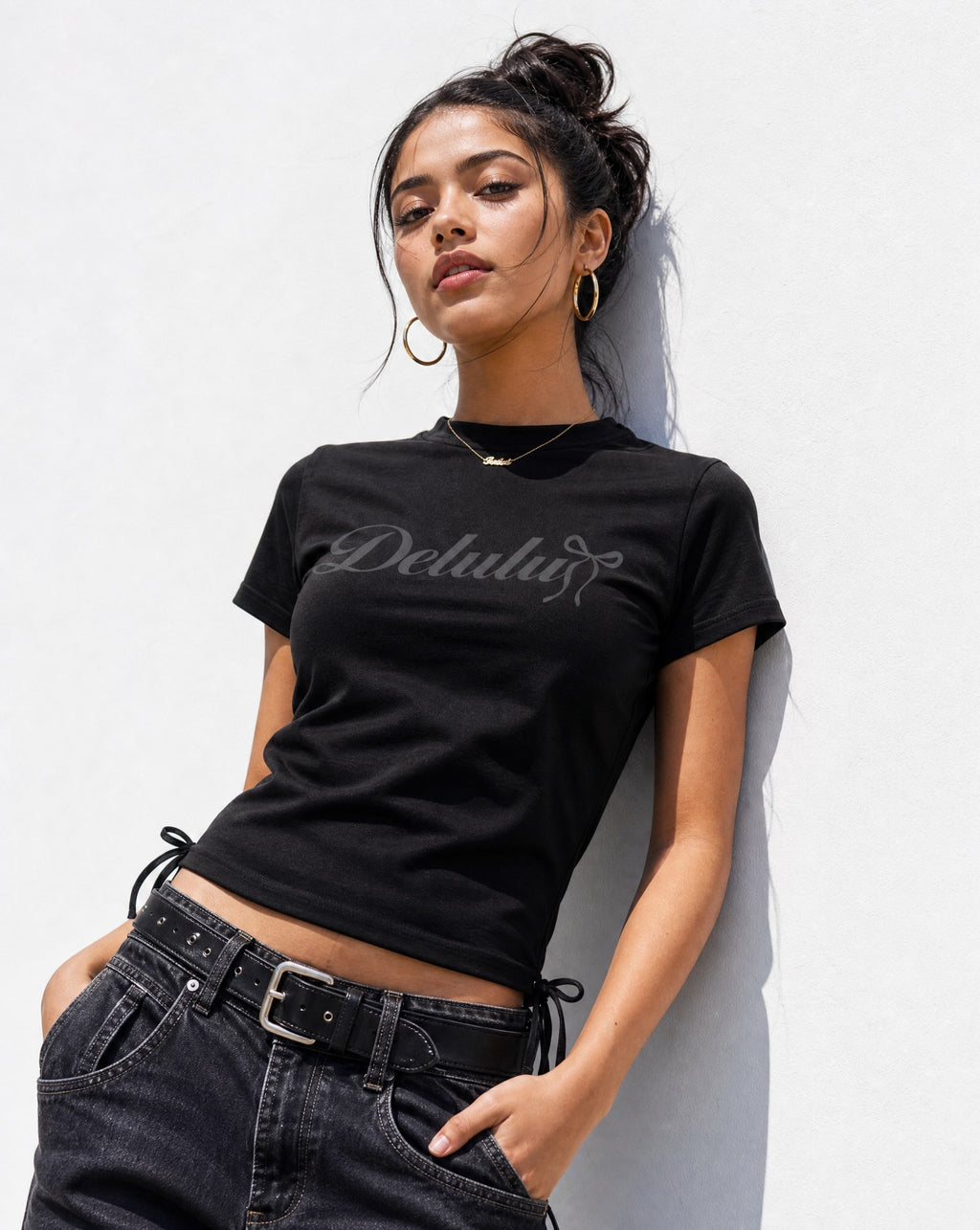 Delulu Bow Tee in Black - Editorial Image