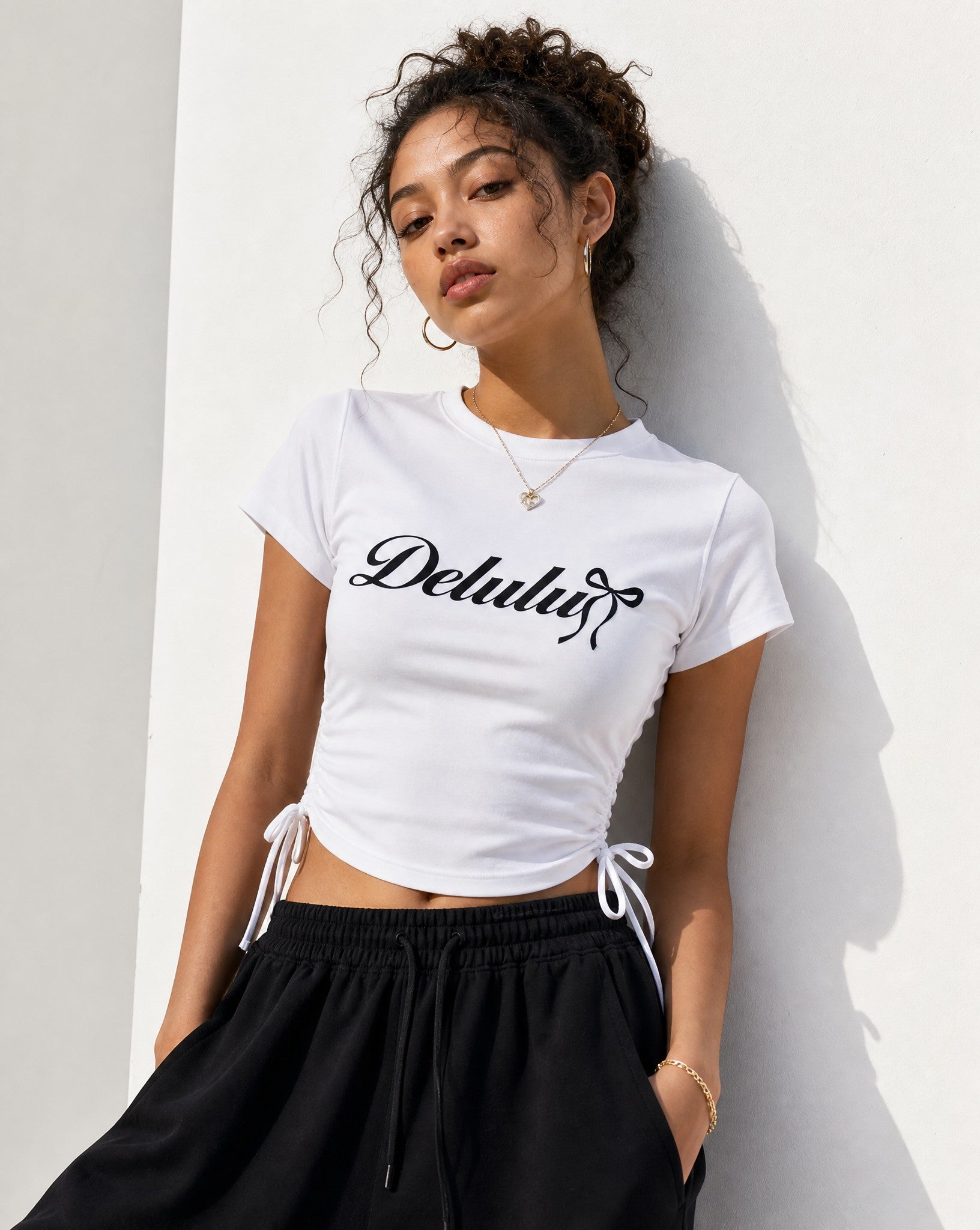Delulu Bow Tee in White - Editorial Image