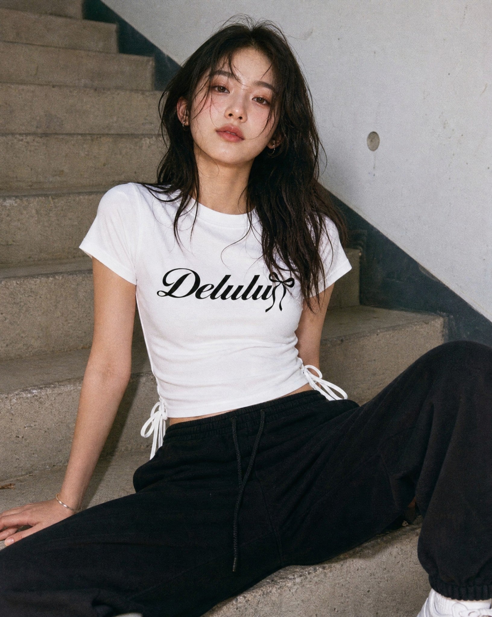 Delulu Bow Tee in White - Lifestyle Image