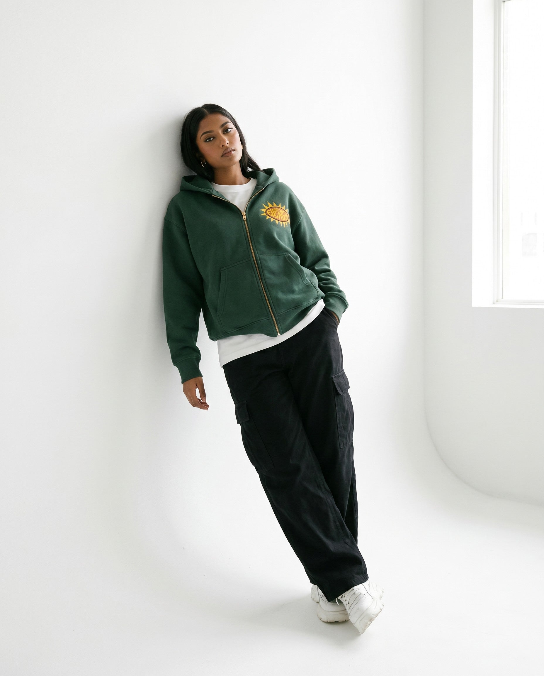 Energy Boxy Zip Hoodie in Green - Editorial Image