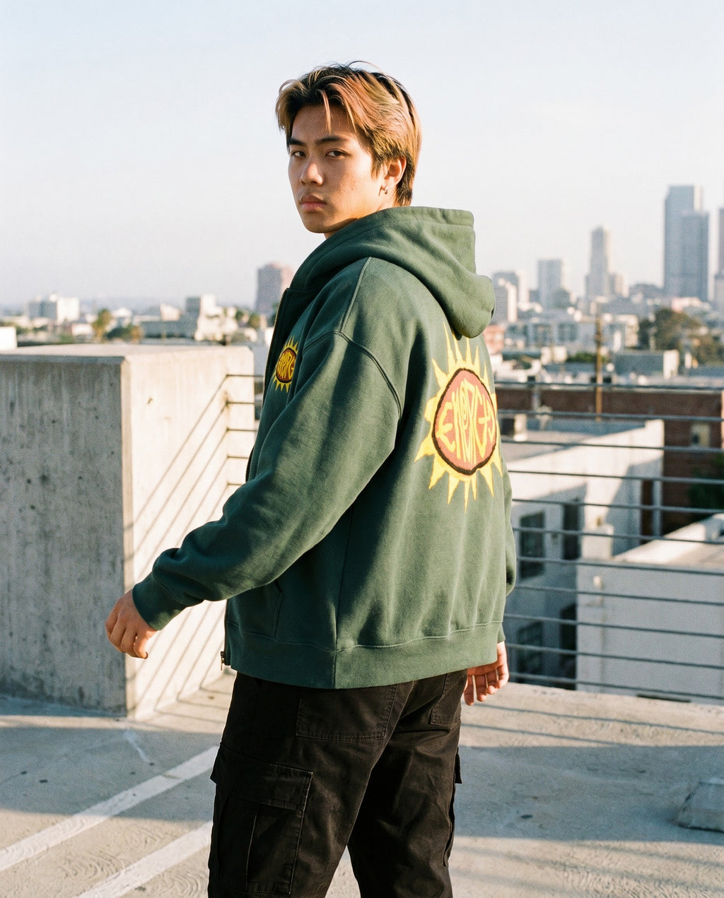 Energy Boxy Zip Hoodie in Green - Lifestyle Image