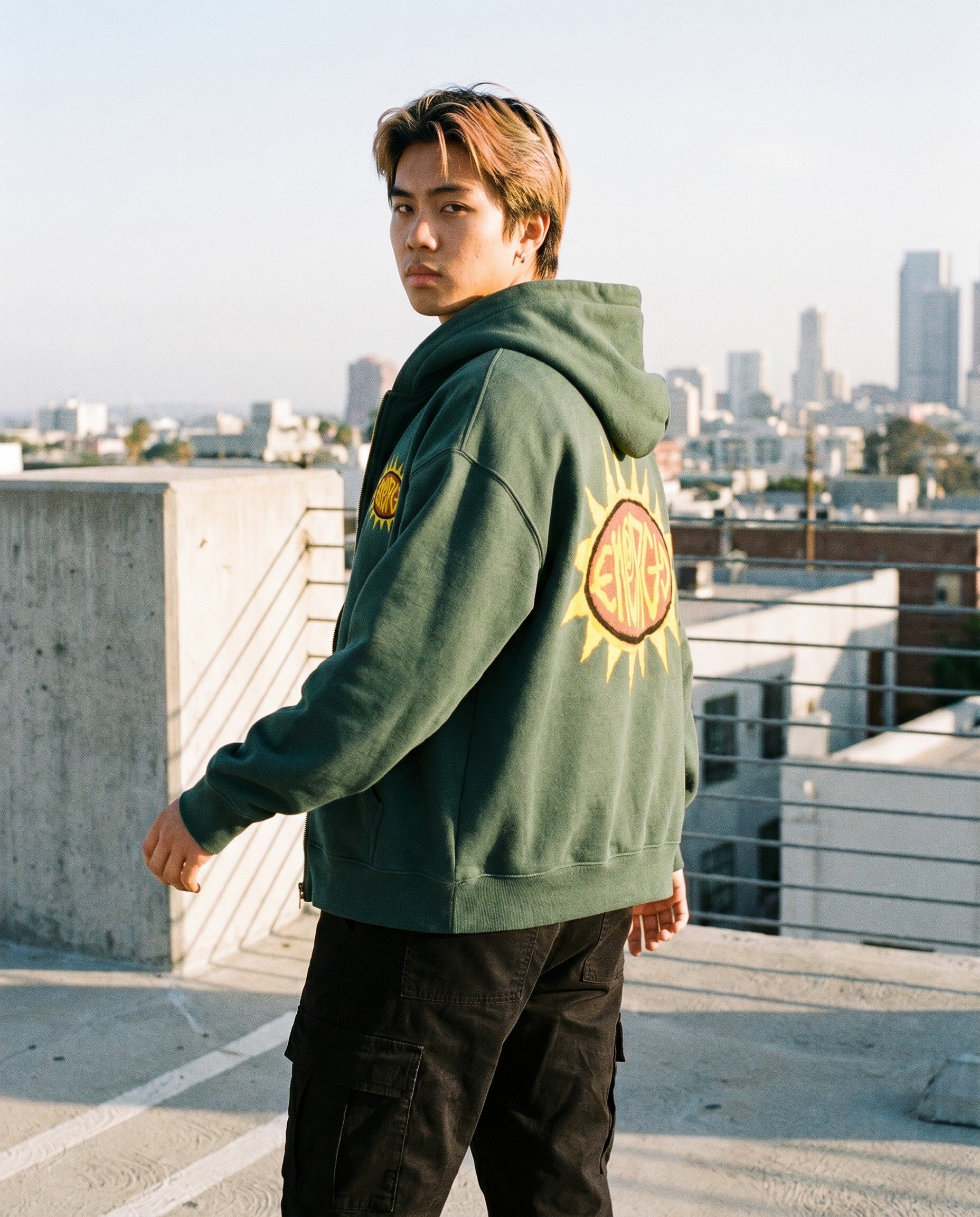 Energy Boxy Zip Hoodie in Green - Lifestyle Image