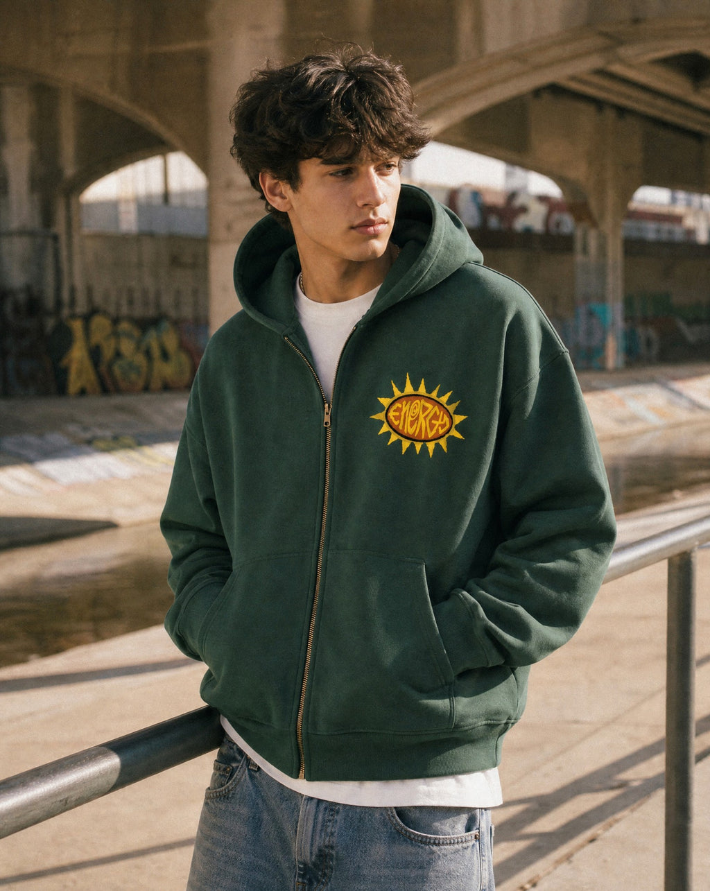 Energy Boxy Zip Hoodie in Green - Lifestyle Image