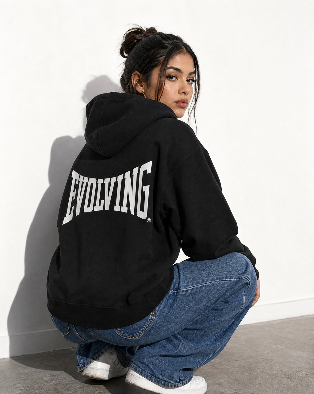 Evolving Boxy Zip Hoodie in Black - Editorial Image