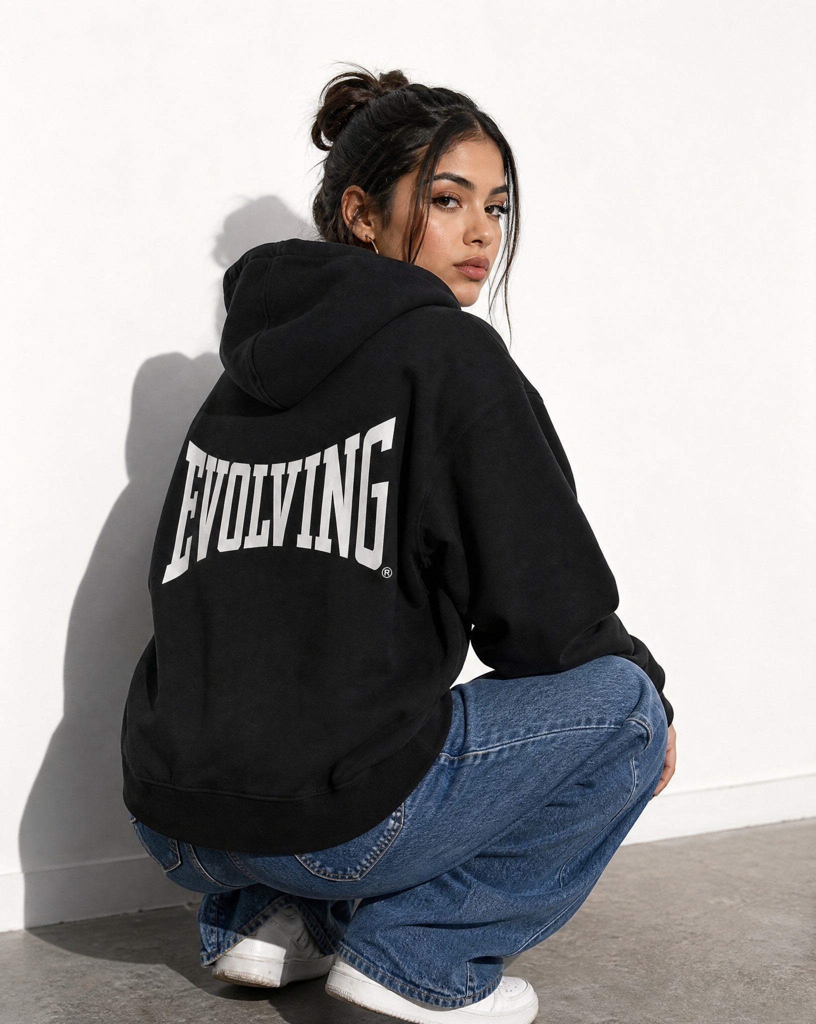Evolving Boxy Zip Hoodie in Black - Editorial Image