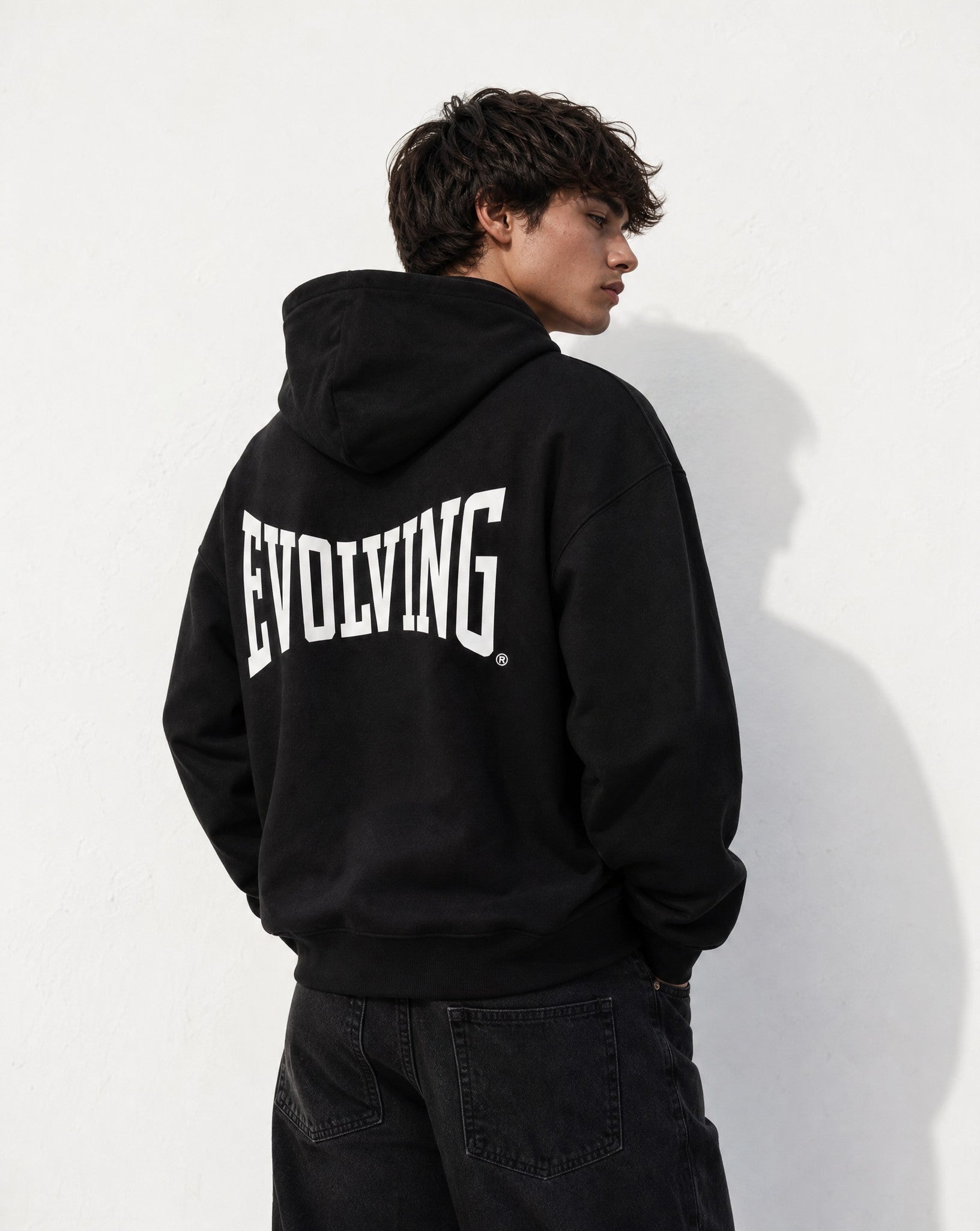 Evolving Boxy Zip Hoodie in Black - Editorial Image