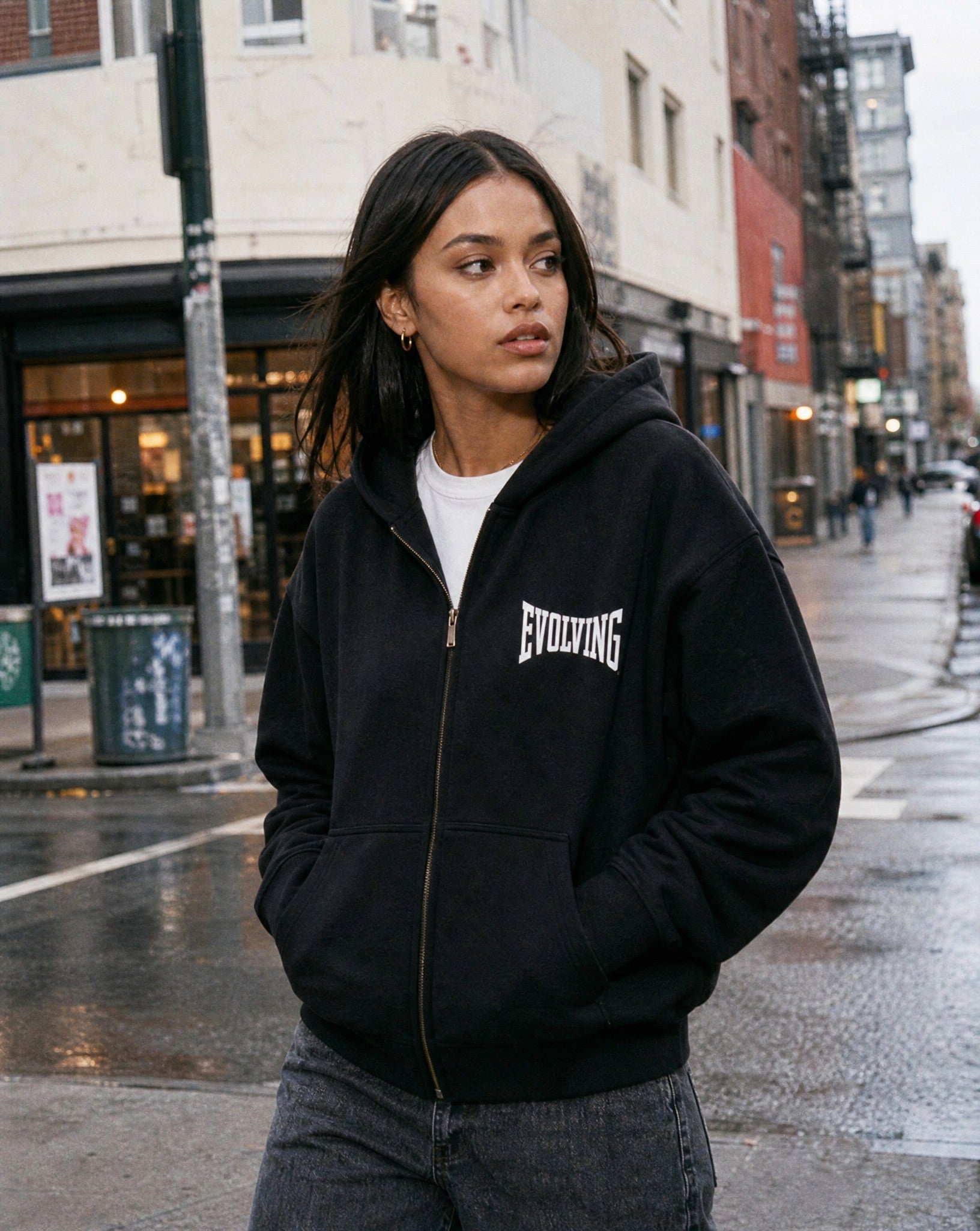 Evolving Boxy Zip Hoodie in Black - Lifestyle Image