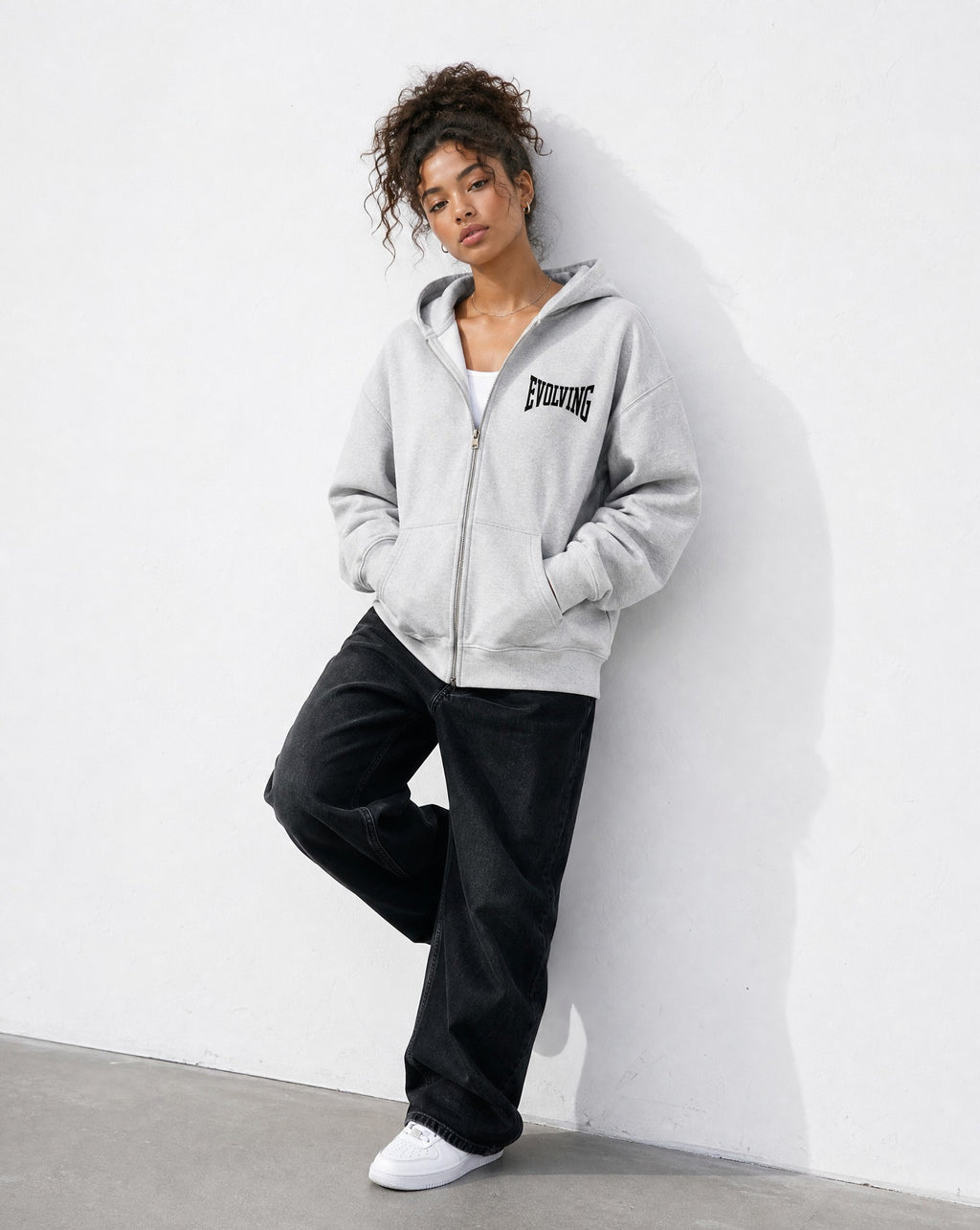 Evolving Boxy Zip Hoodie in Grey - Editorial Image