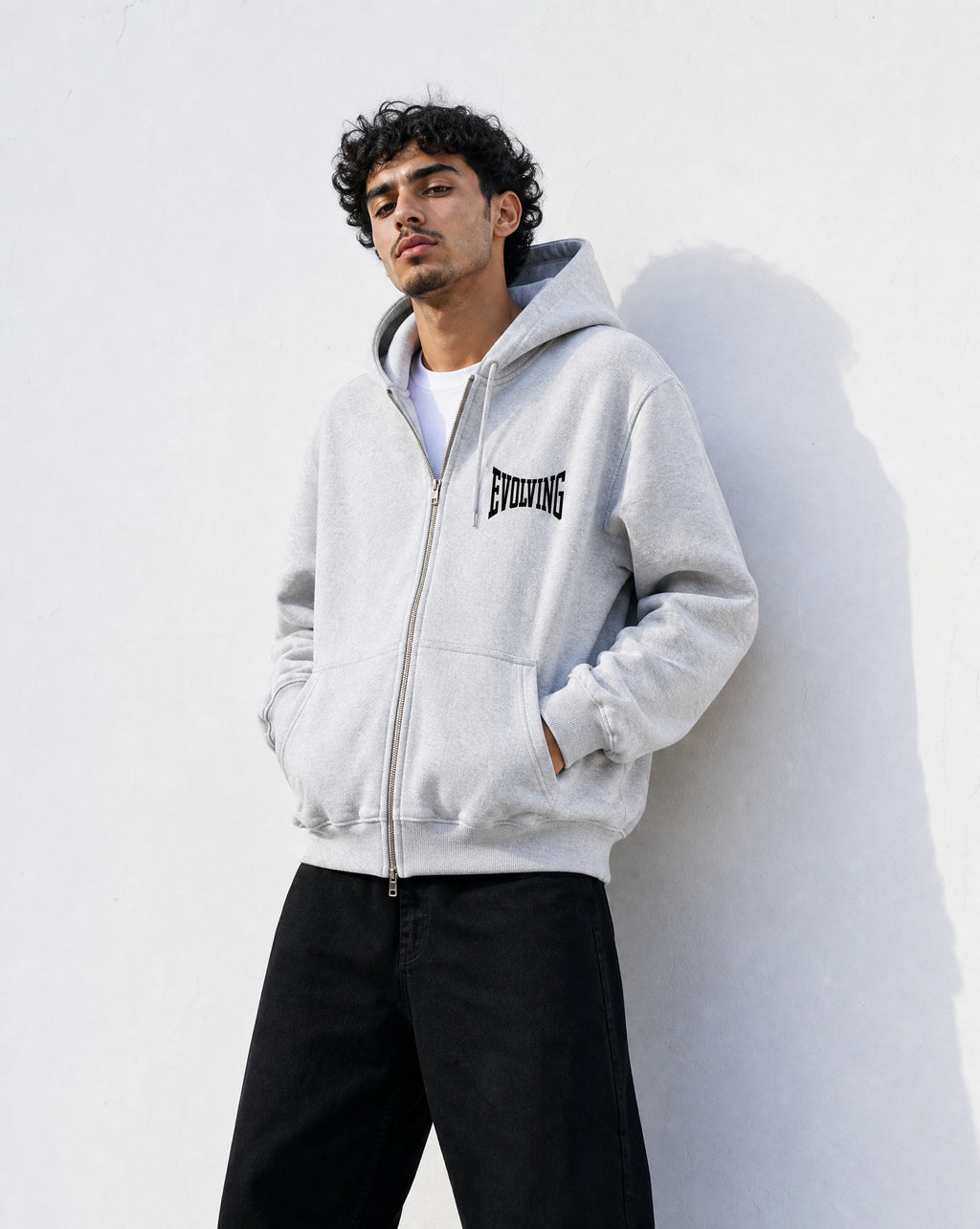 Evolving Boxy Zip Hoodie in Grey - Editorial Image