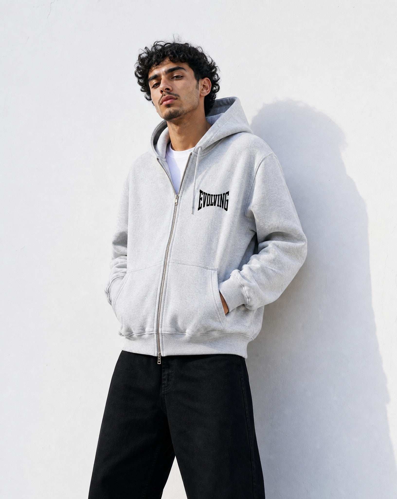 Evolving Boxy Zip Hoodie in Grey - Editorial Image