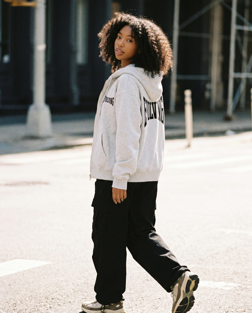 Evolving Boxy Zip Hoodie in Grey - Lifestyle Image