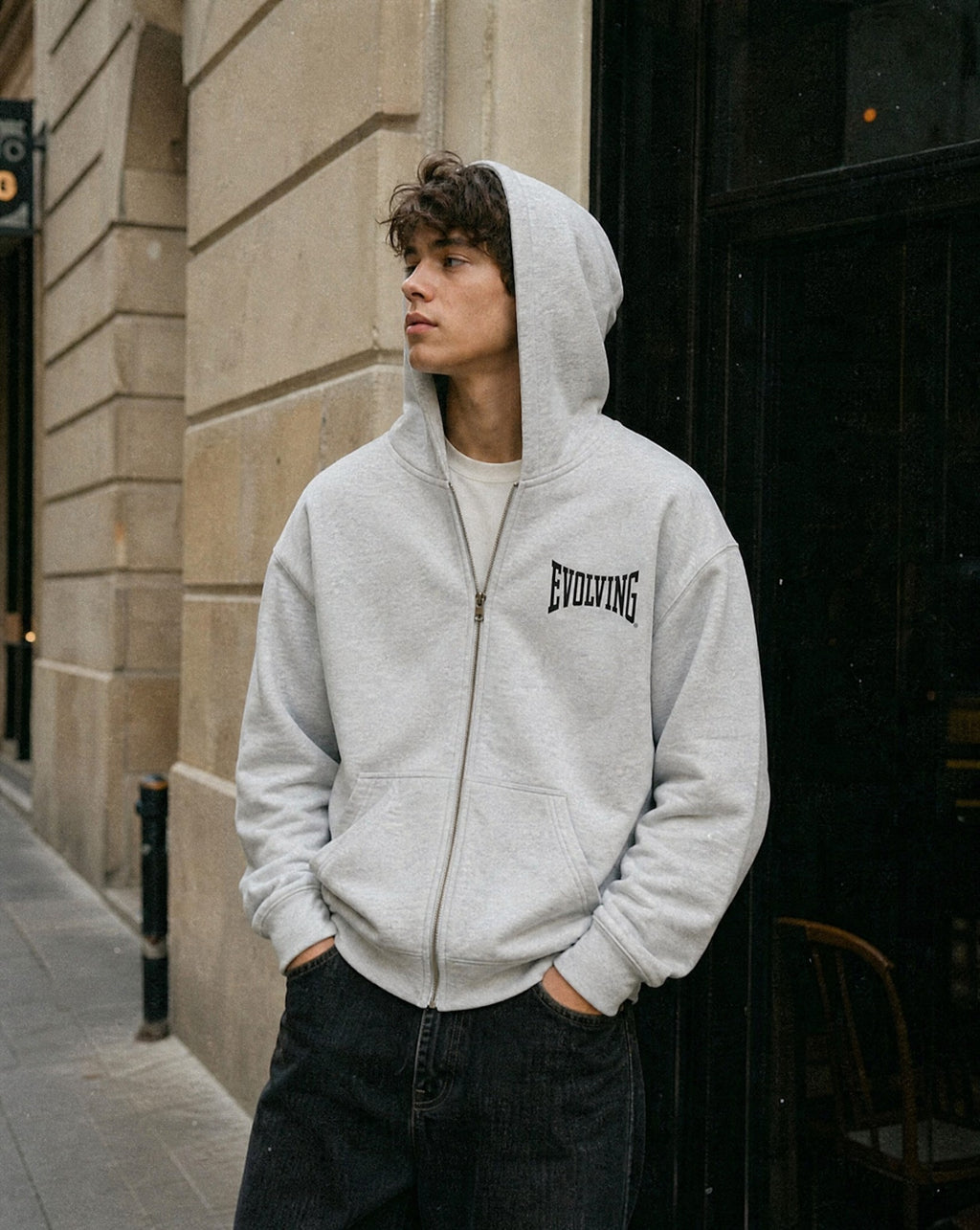 Evolving Boxy Zip Hoodie in Grey - Lifestyle Image
