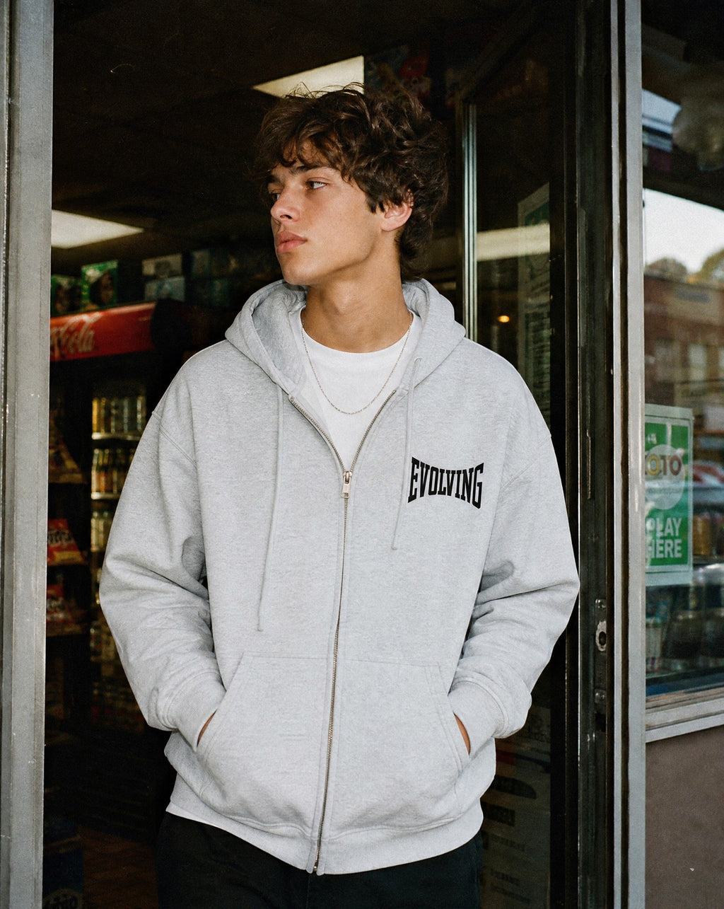 Evolving Boxy Zip Hoodie in Grey - Lifestyle Image