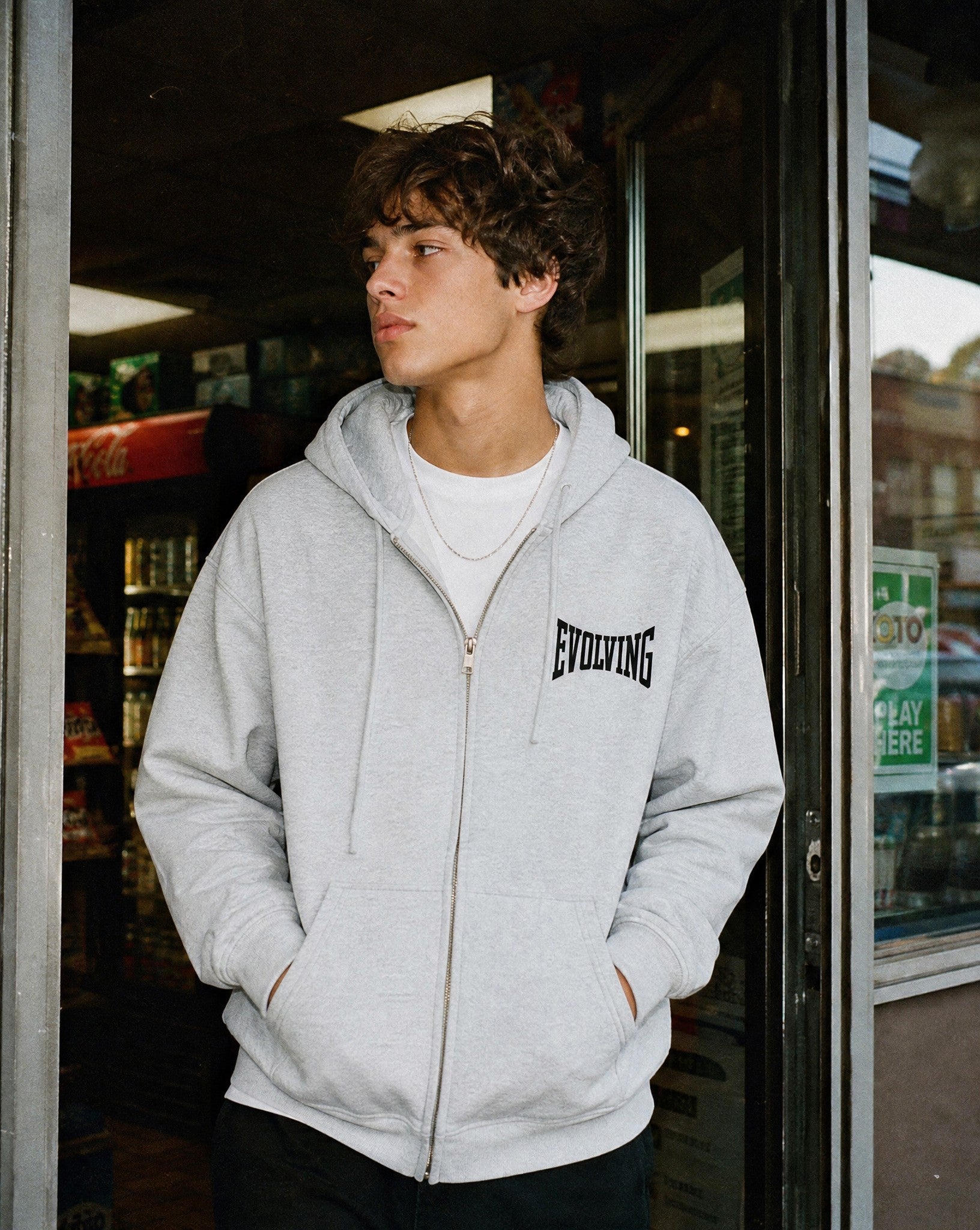 Evolving Boxy Zip Hoodie in Grey - Lifestyle Image