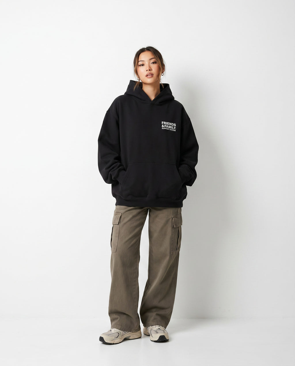 F&F Box Hoodie in Black - Editorial Image