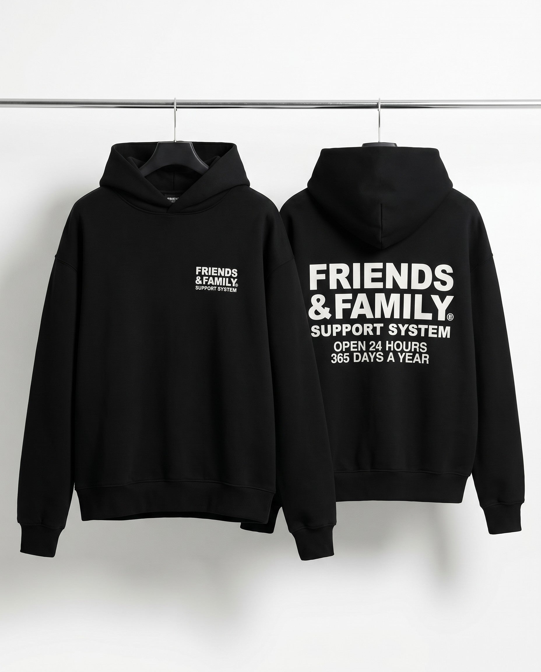 F&F Box Hoodie in Black - Editorial Image - White Wall Product