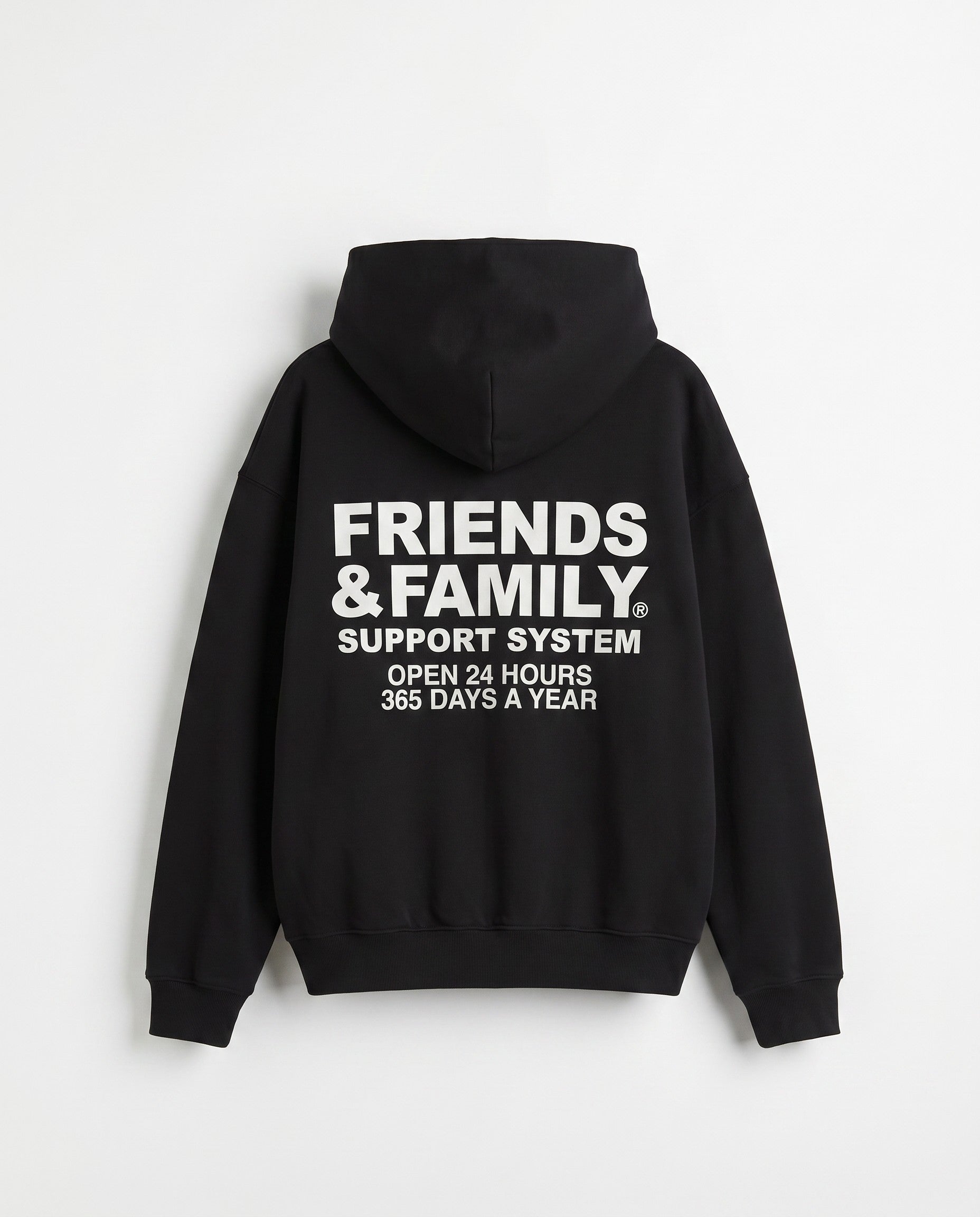 F&F Box Hoodie in Black - Editorial Image - White Wall Product