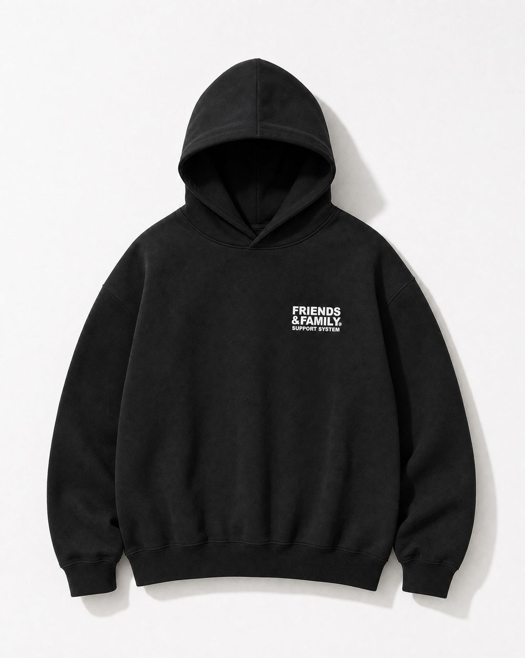 F&F Box Hoodie in Black - Editorial Image - White Wall Product