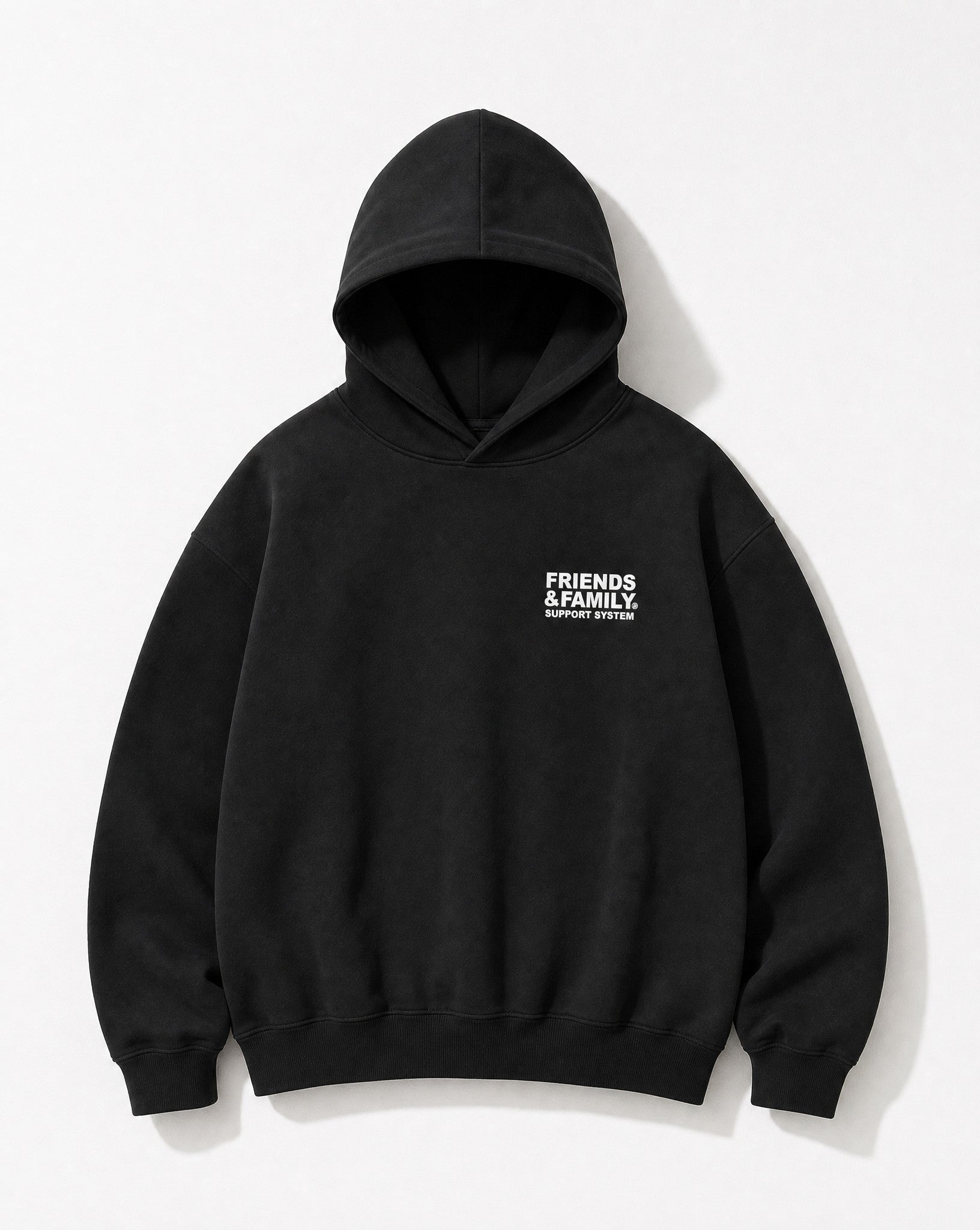 F&F Box Hoodie in Black - Editorial Image - White Wall Product