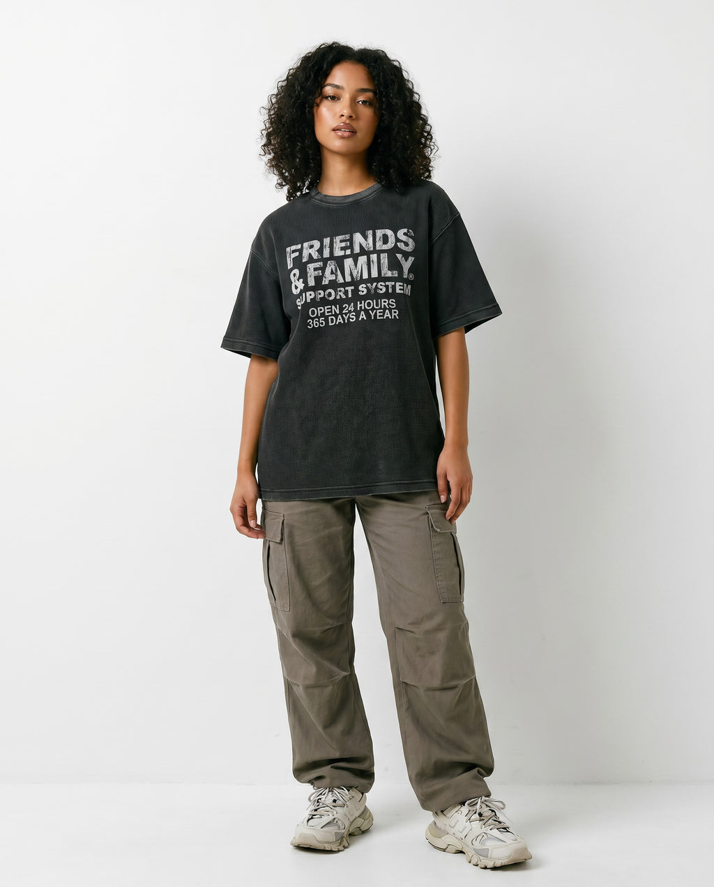 F&F Waffle Tee in Vintage Black - Editorial Image