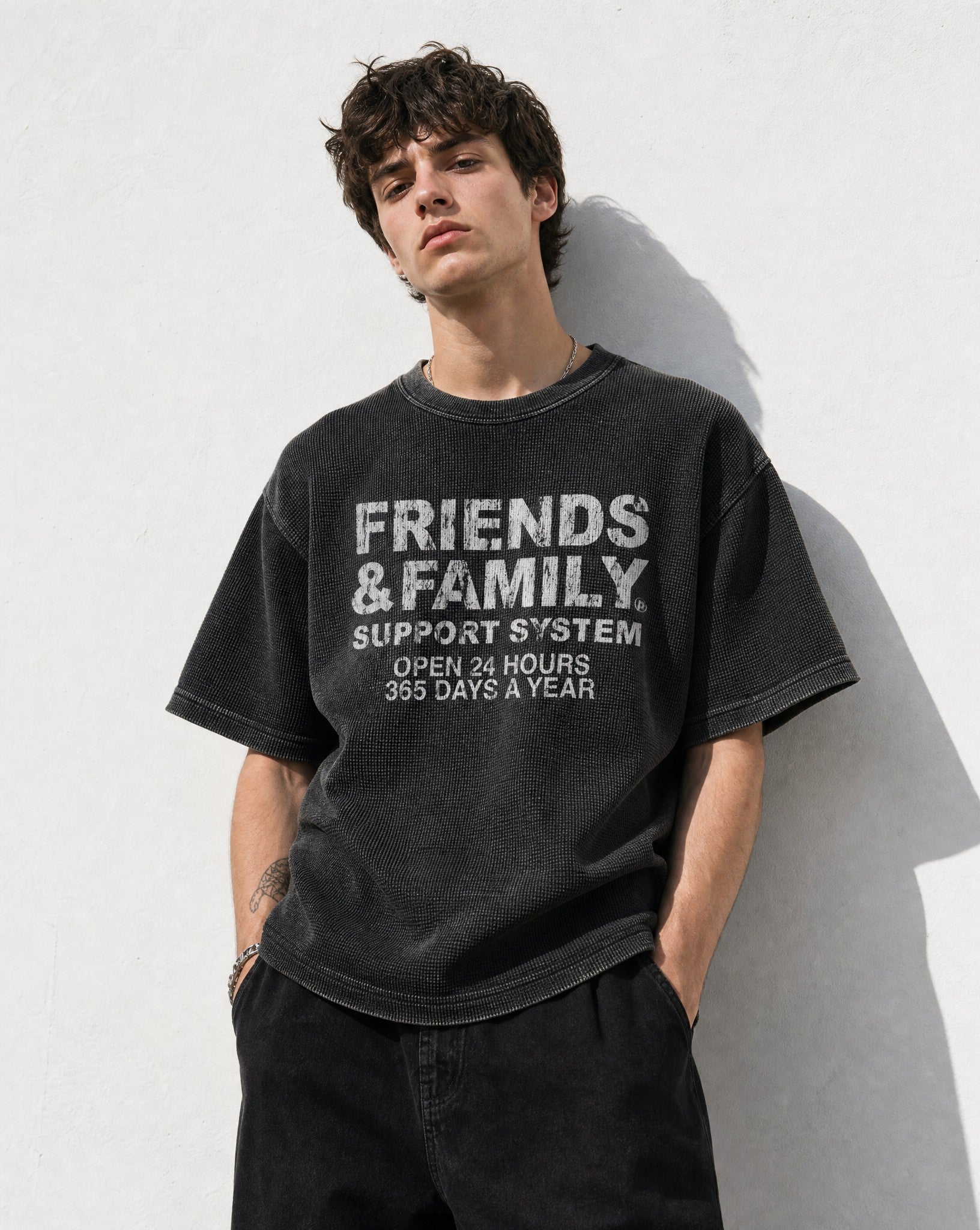 F&F Waffle Tee in Vintage Black - Editorial Image