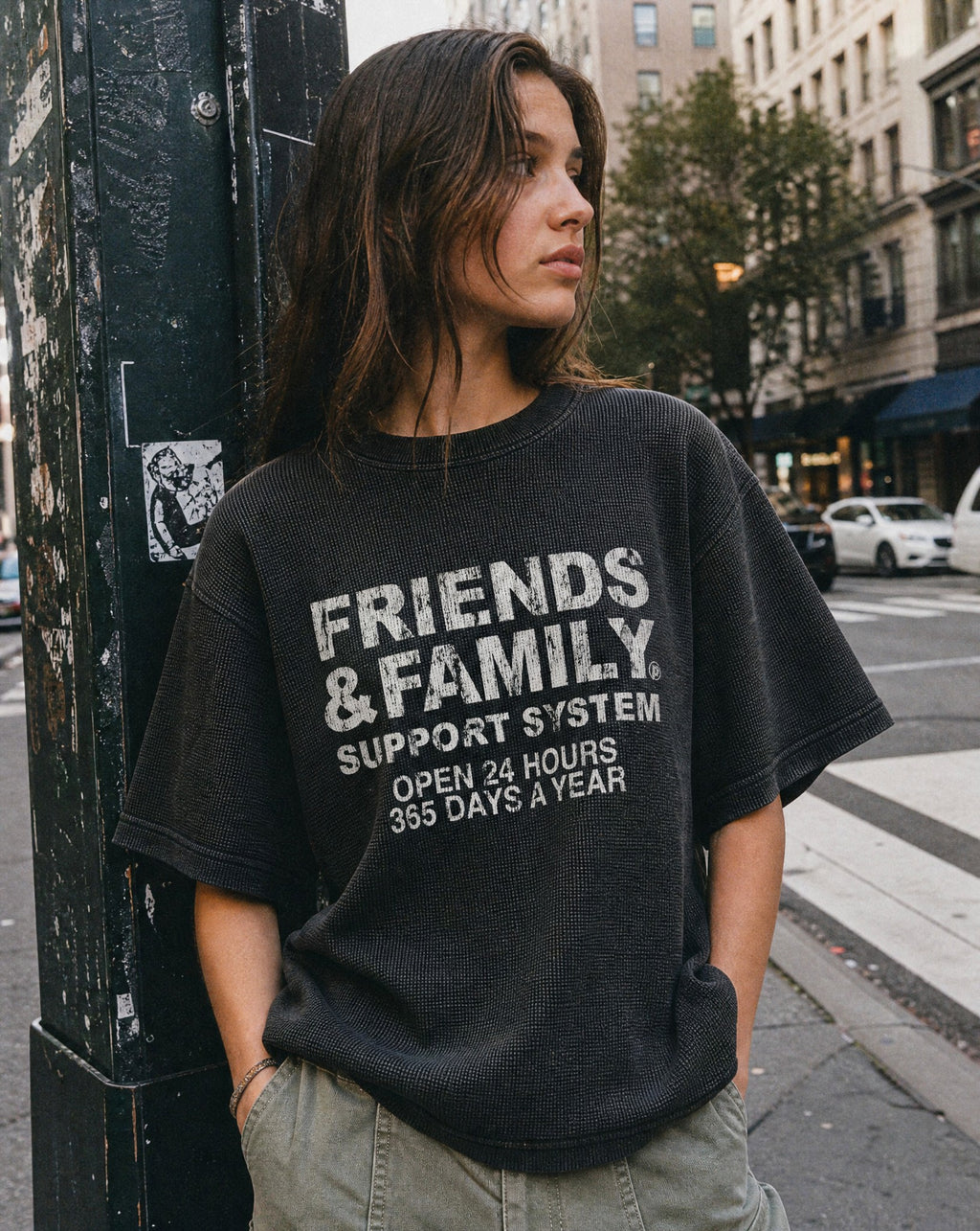 F&F Waffle Tee in Vintage Black - Lifestyle Image