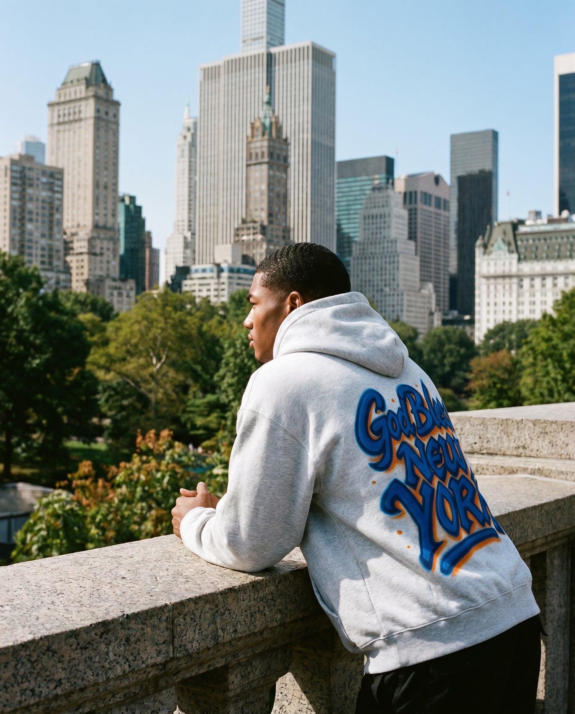God Bless New York Hoodie in Grey - Lifestyle Image