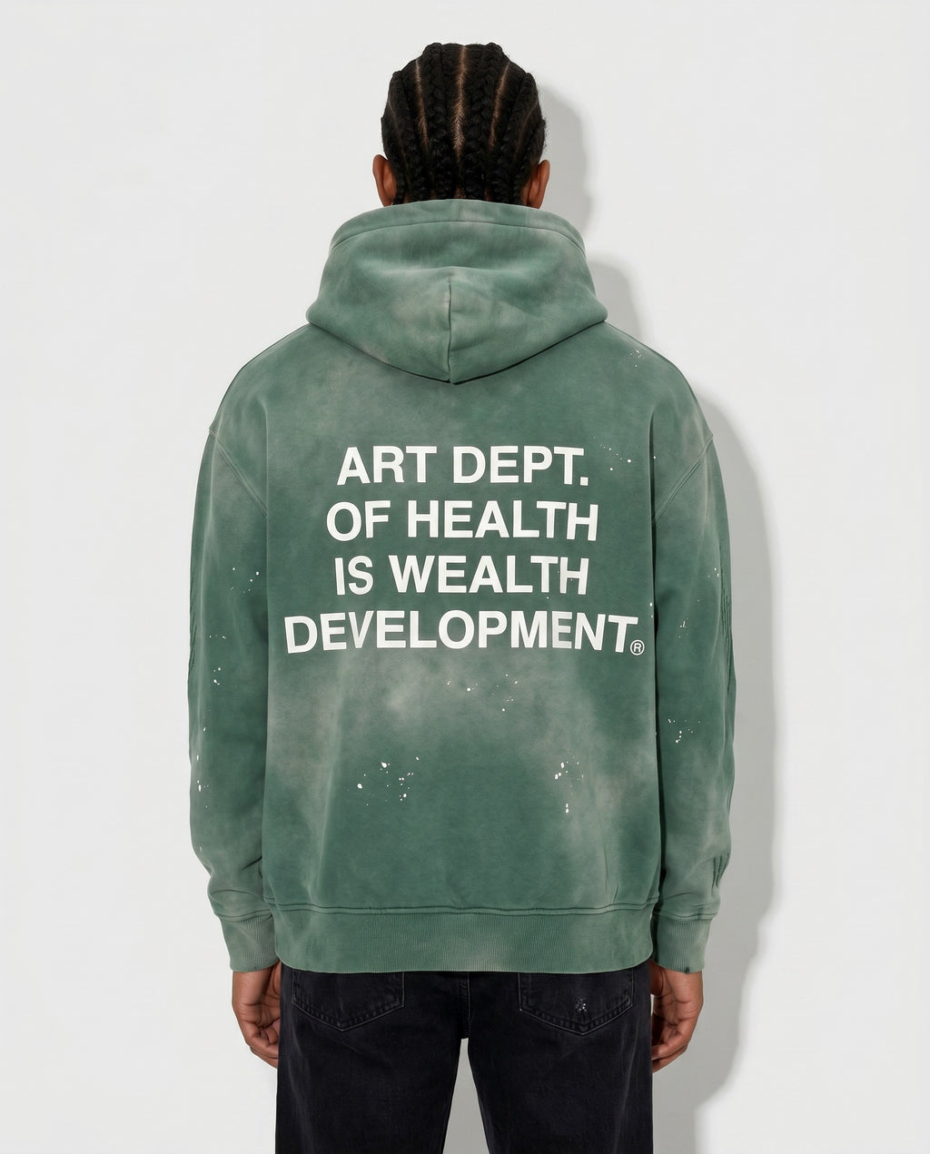 Health is Wealth Distressed Hoodie in Green - Editorial Image