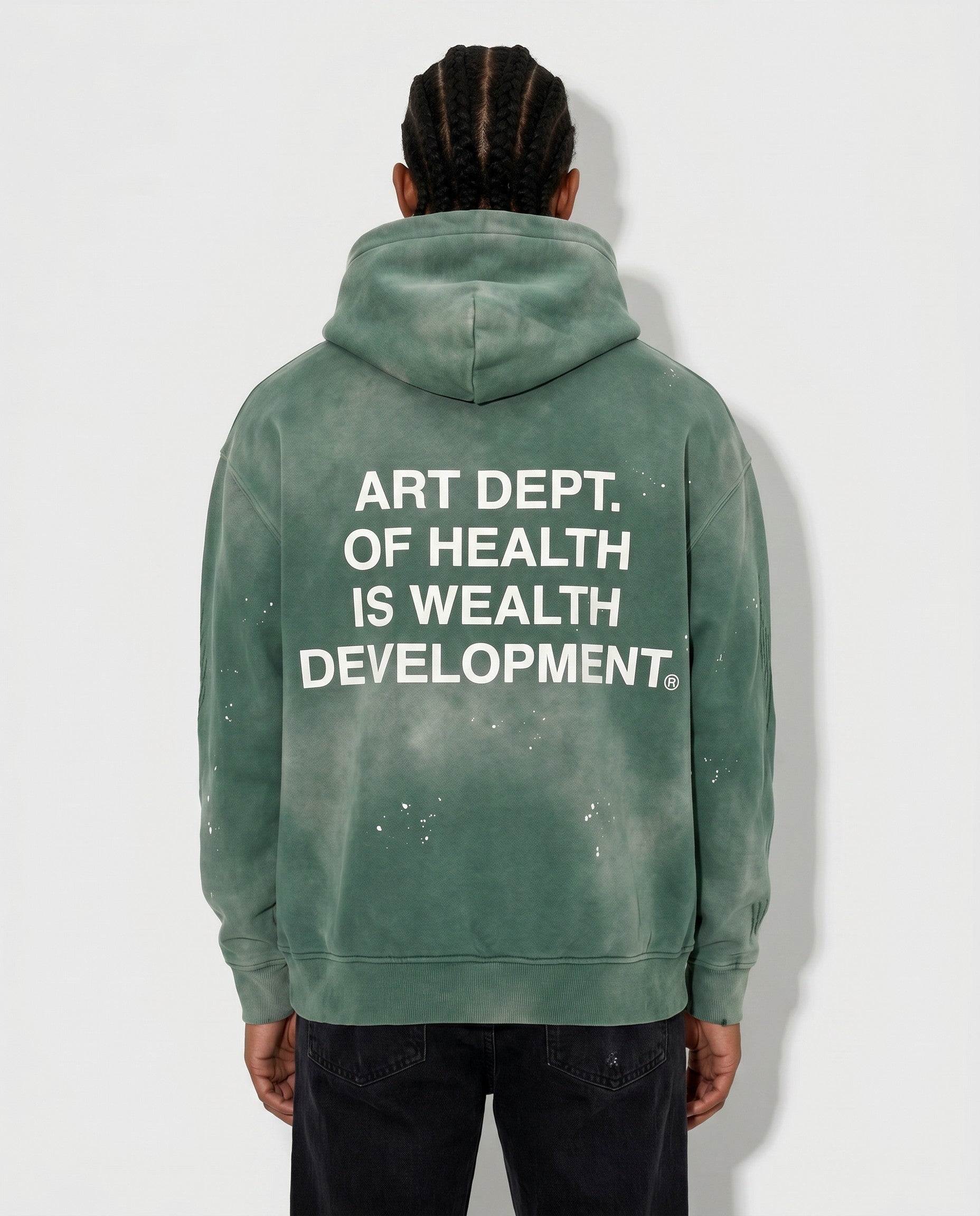 Health is Wealth Distressed Hoodie in Green - Editorial Image