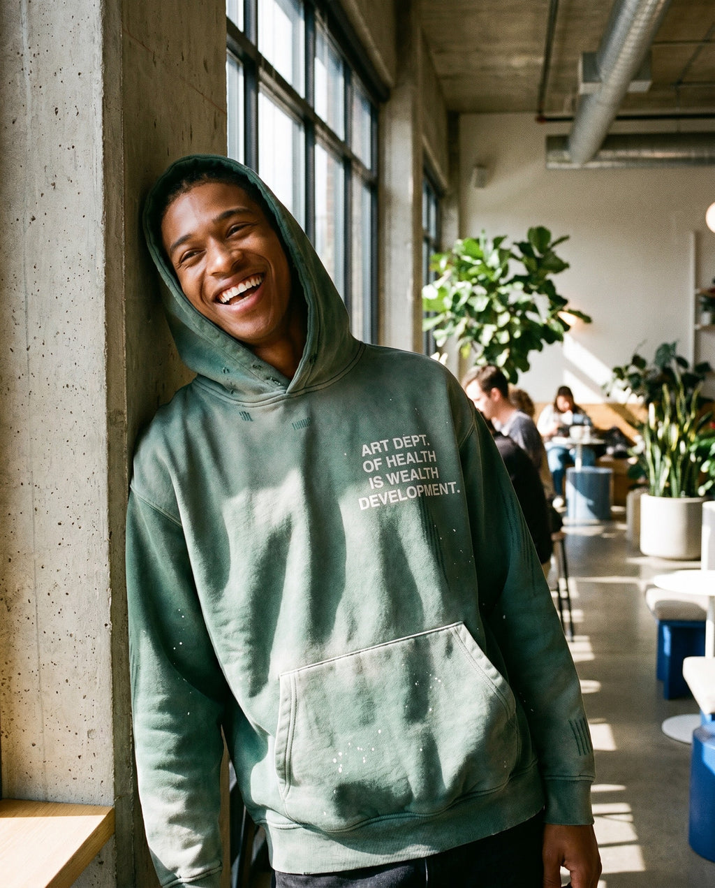 Health is Wealth Distressed Hoodie in Green - Lifestyle Image