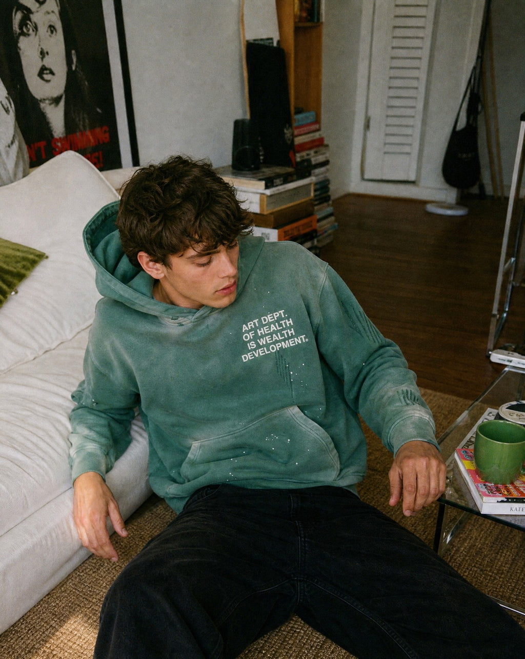 Health is Wealth Distressed Hoodie in Green - Lifestyle Image