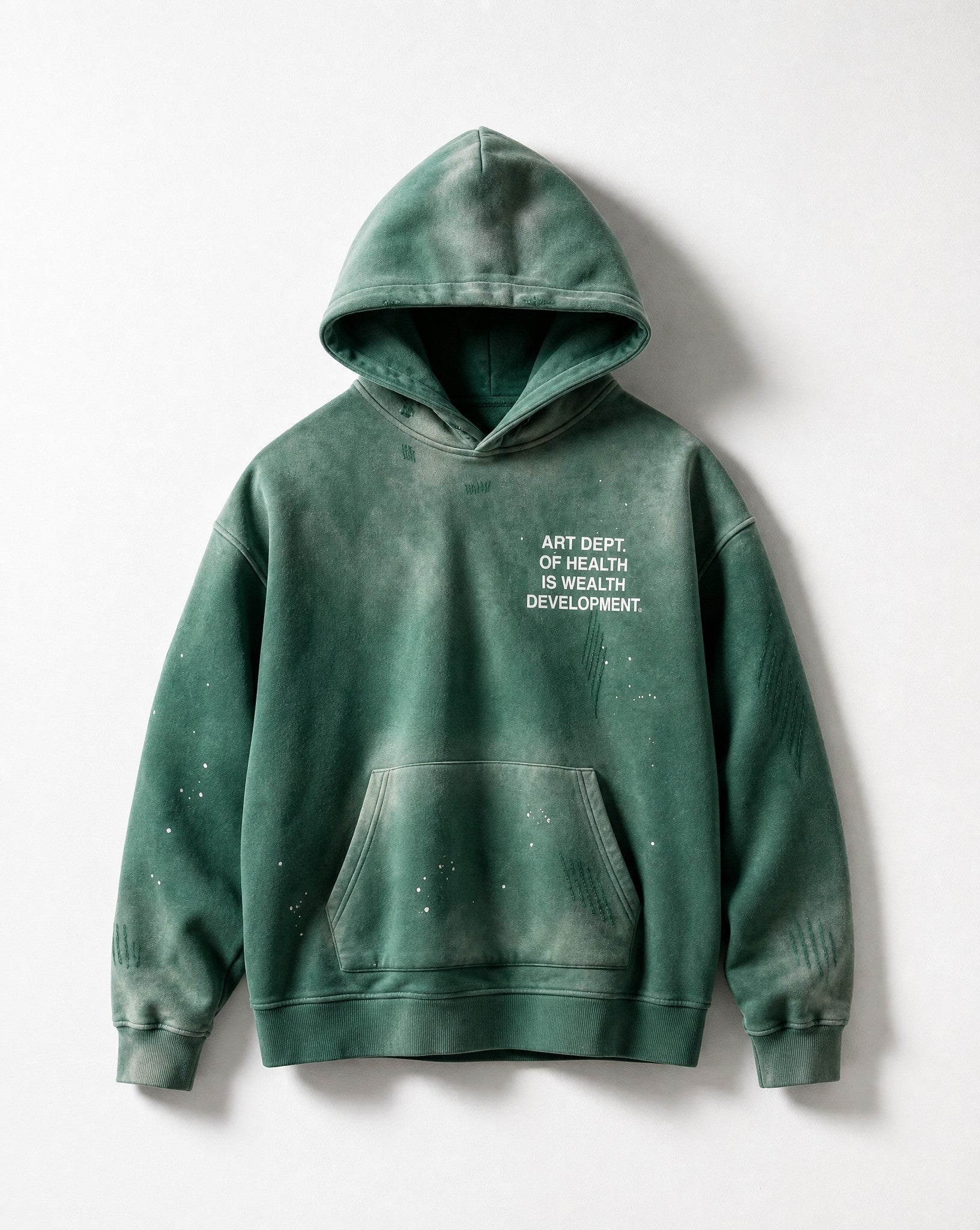 Health is Wealth Distressed Hoodie in Green - White Wall Product
