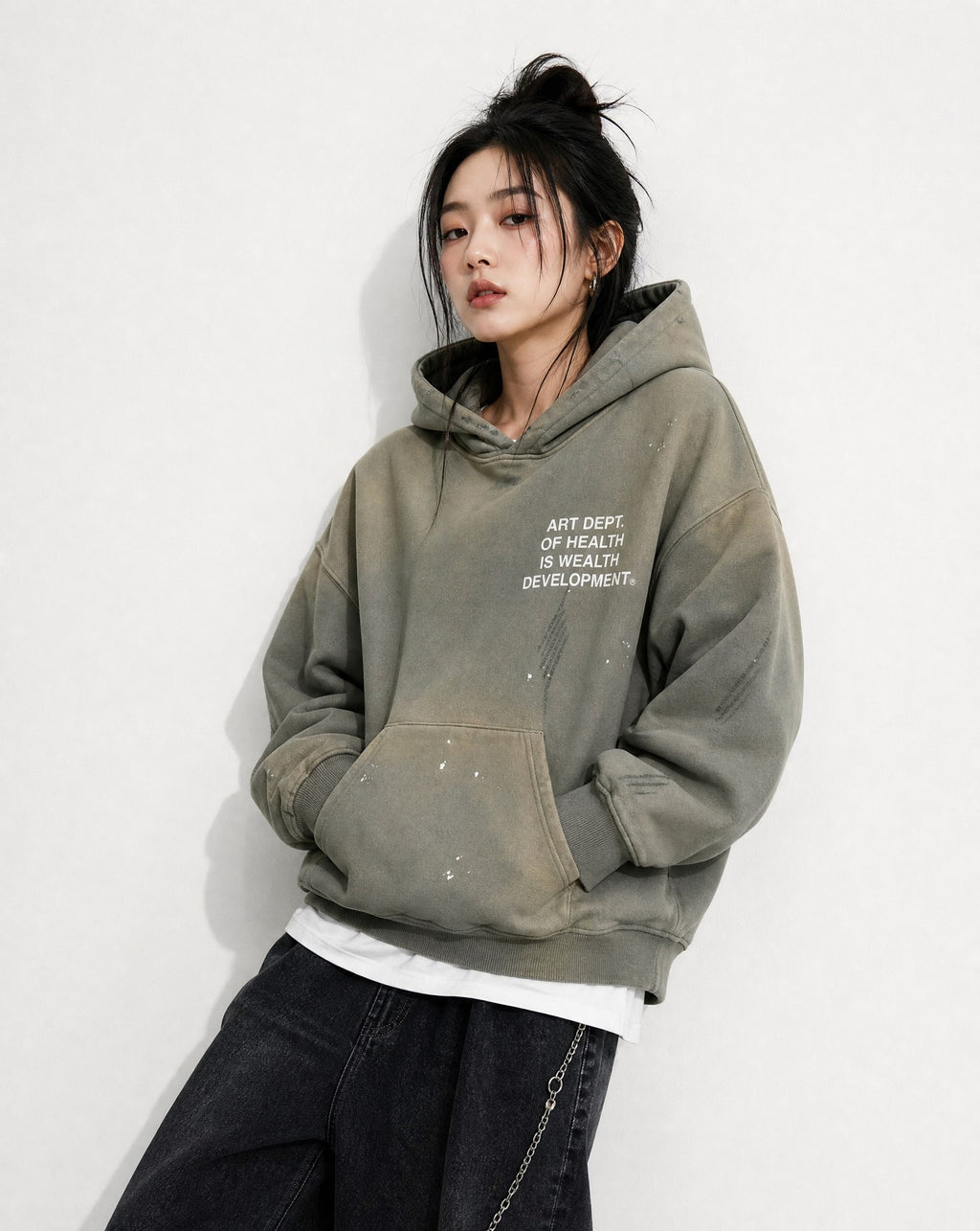 Health is Wealth Distressed Hoodie in Moon Grey - Editorial Image