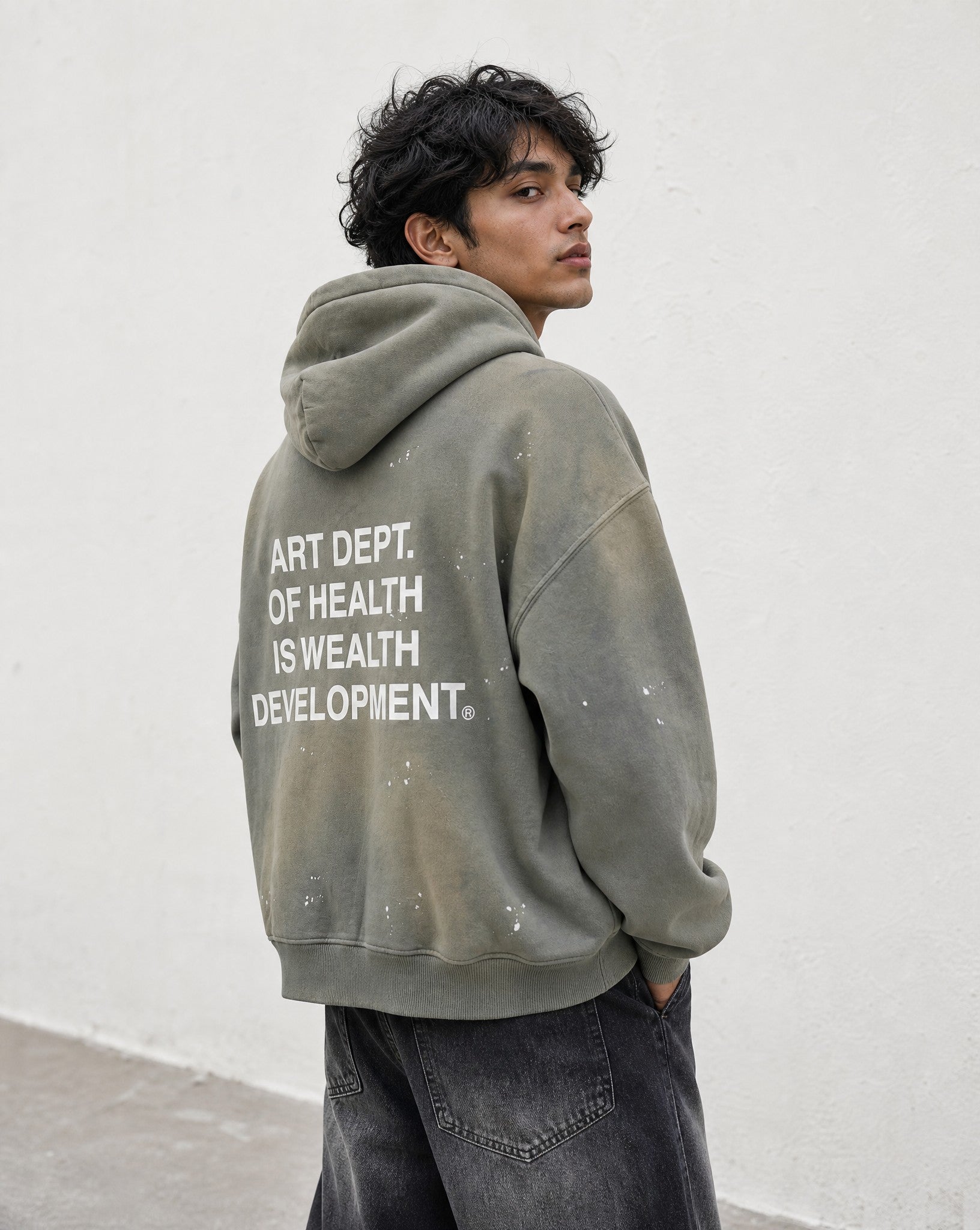Health is Wealth Distressed Hoodie in Moon Grey - Editorial Image