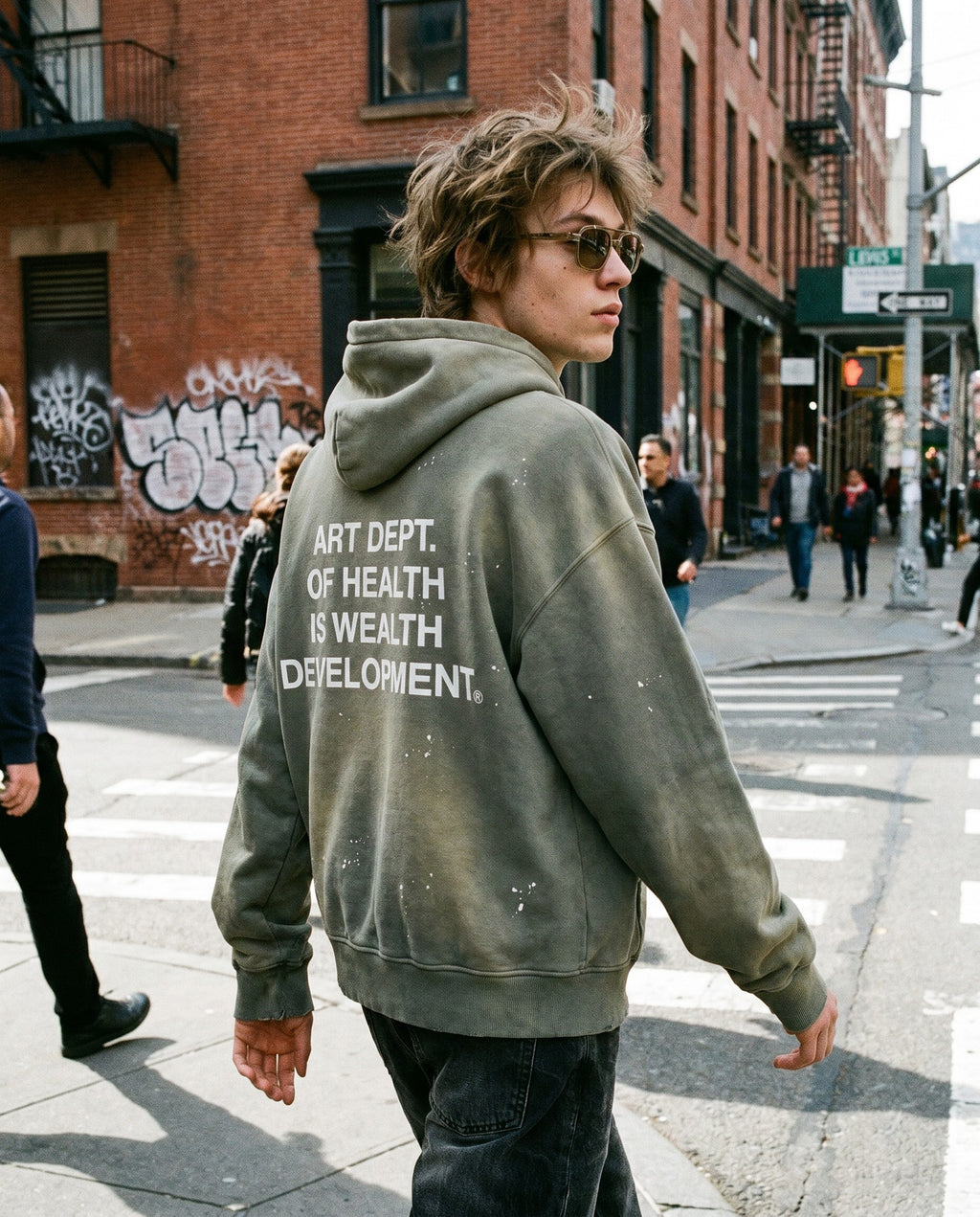 Health is Wealth Distressed Hoodie in Moon Grey - Lifestyle Image
