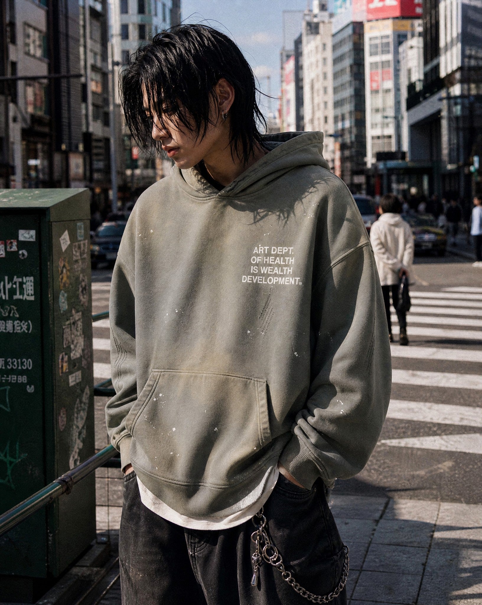 Health is Wealth Distressed Hoodie in Moon Grey - Lifestyle Image