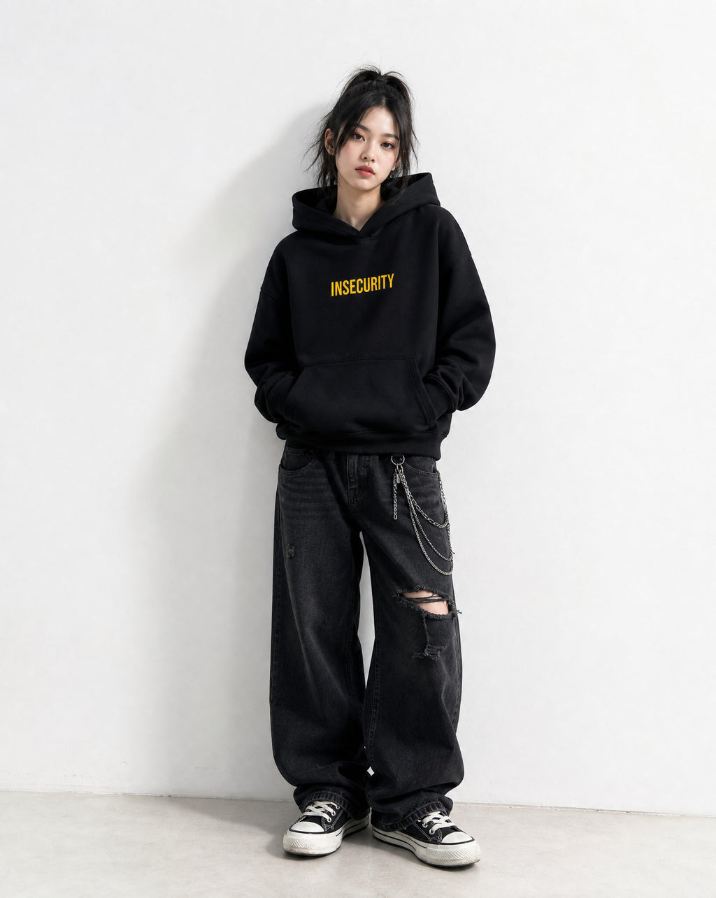 Insecurity Boxy Hoodie in Black - Editorial Image