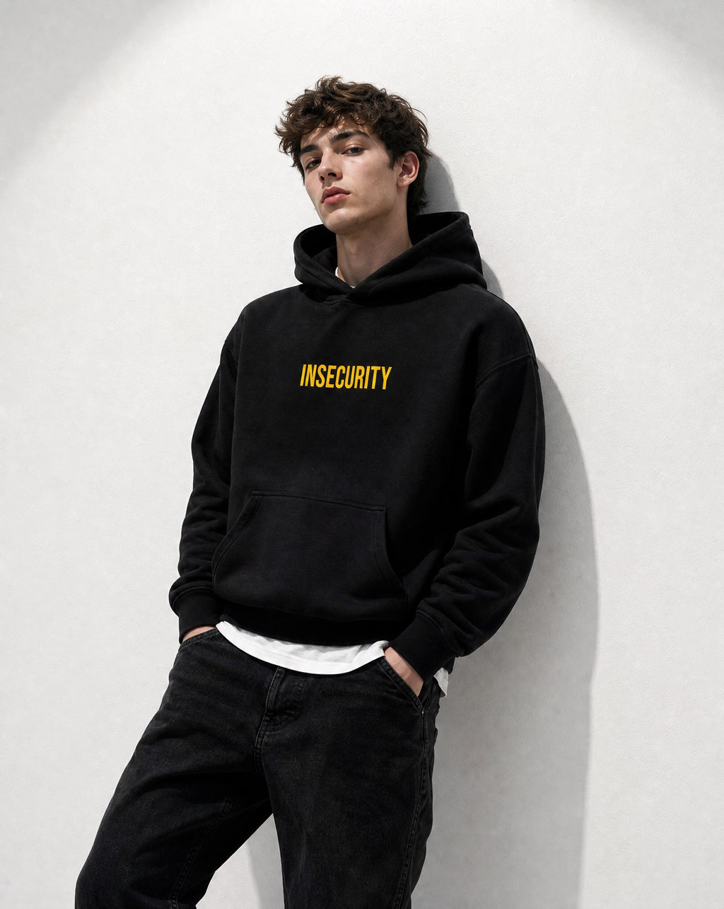 Insecurity Boxy Hoodie in Black - Editorial Image