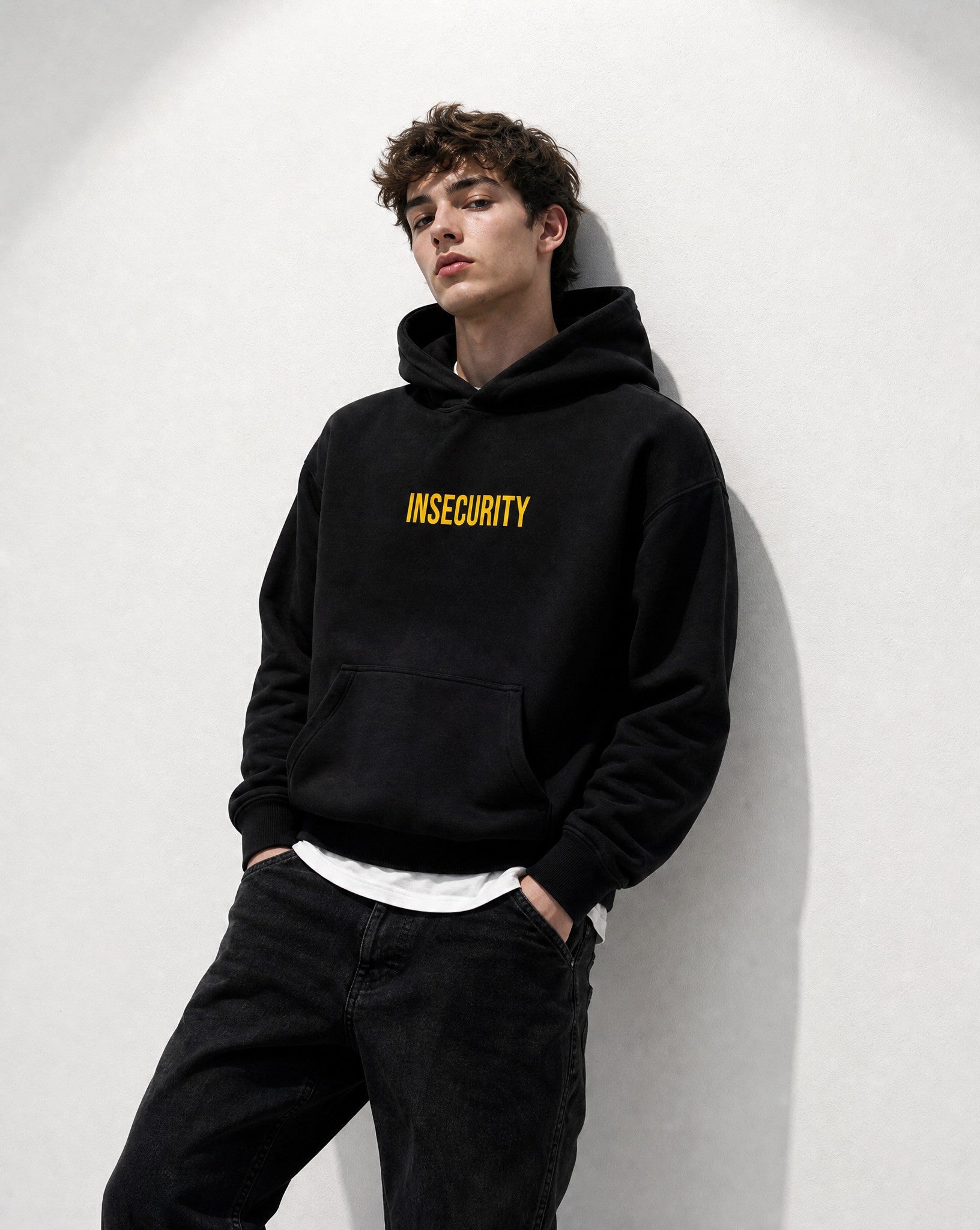 Insecurity Boxy Hoodie in Black - Editorial Image