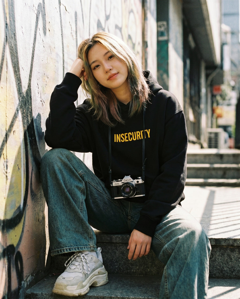 Insecurity Boxy Hoodie in Black - Lifestyle Image