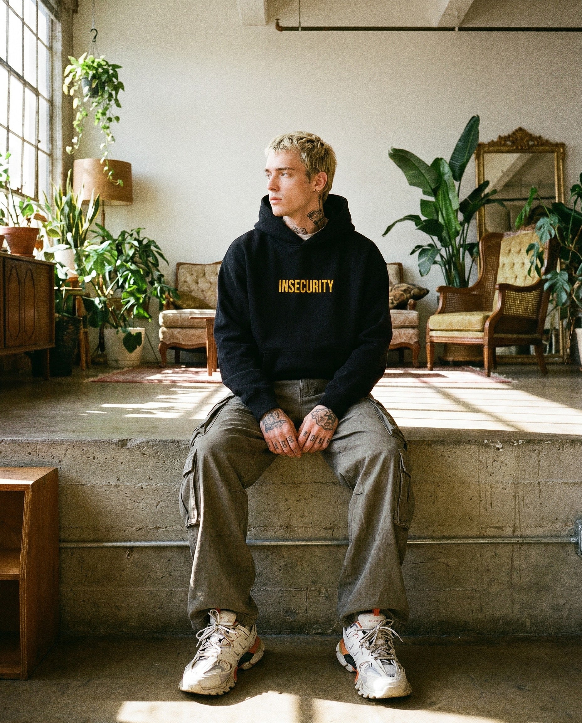 Insecurity Boxy Hoodie in Black - Lifestyle Image
